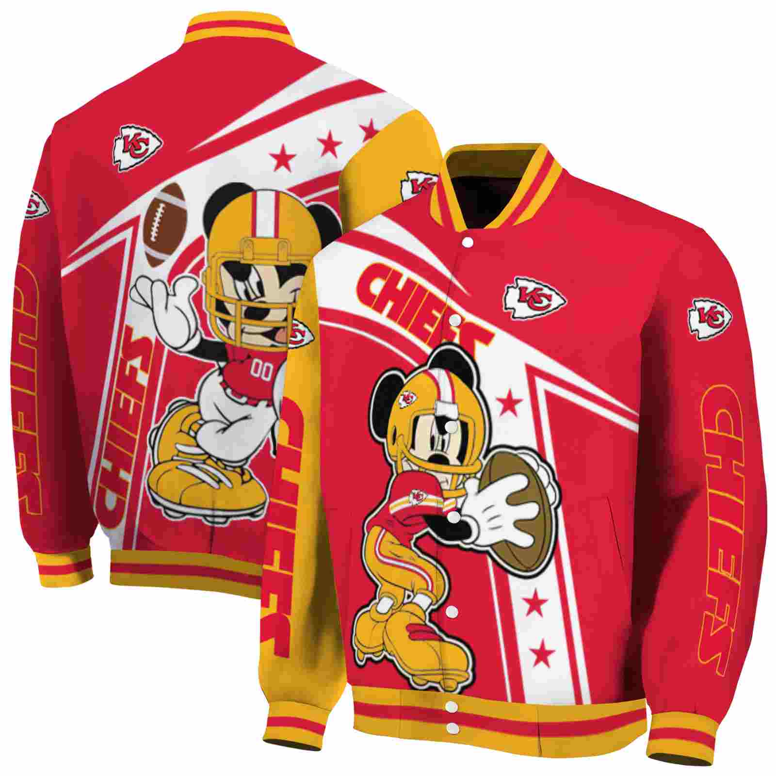 NFL Personalized Kansas City Chiefs Mickey Football Red White Custom Baseball Jacket Sport Fans Gear