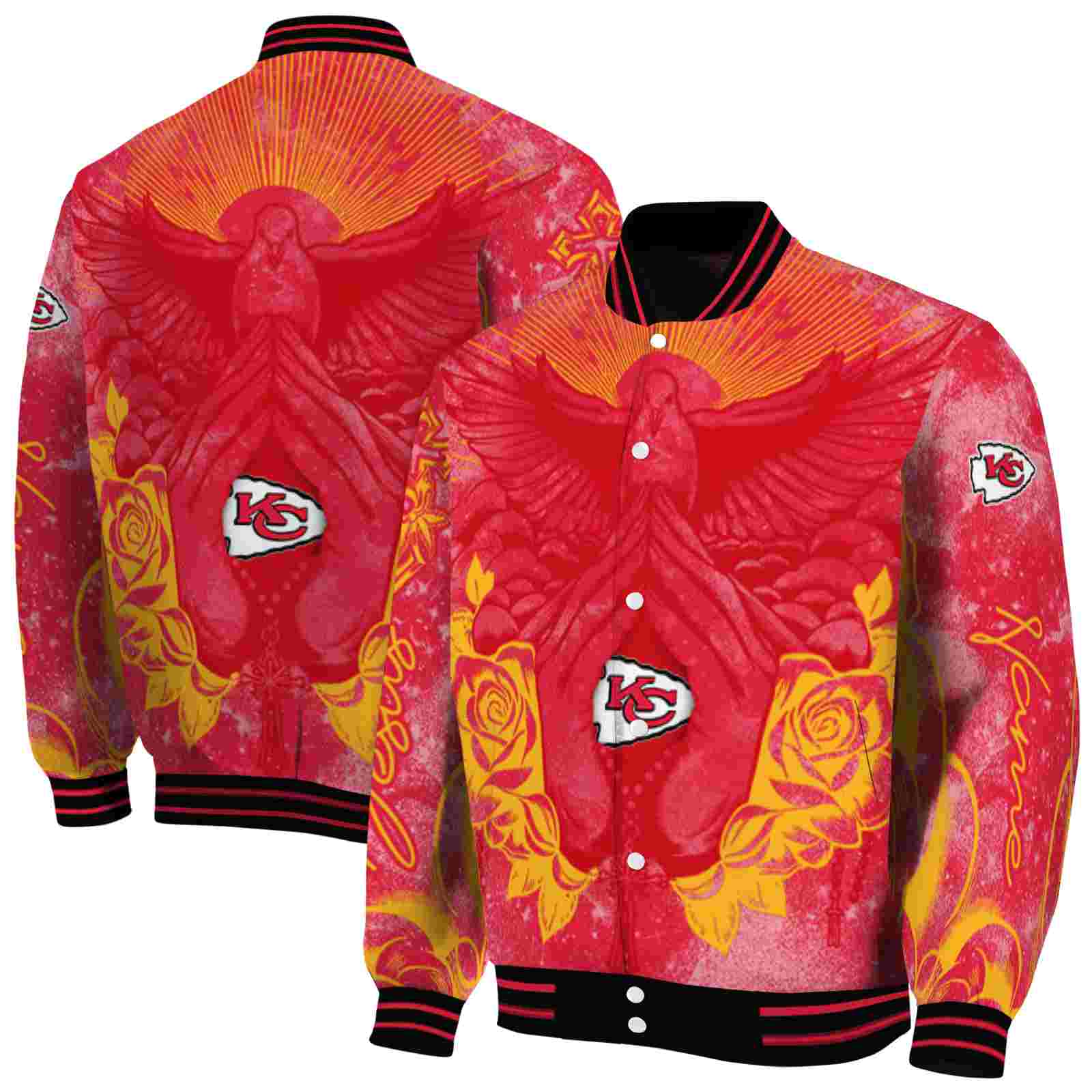 NFL Personalized Kansas City Chiefs Praying Hands Red Custom Baseball Jacket Sport Fans Gear