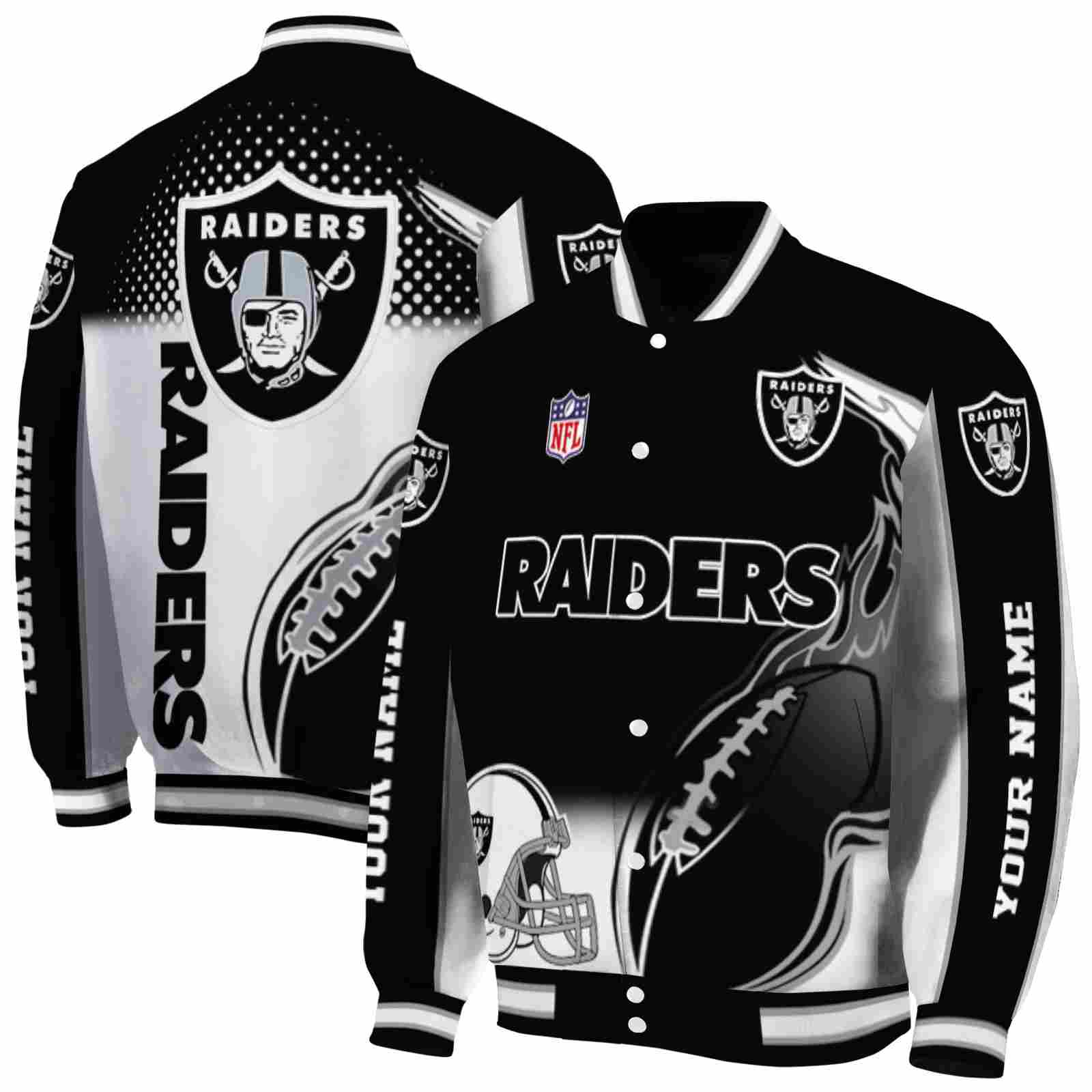 NFL Personalized Las Vegas Raiders Flaming Football Black White Custom Baseball Jacket Sport Fans Gear