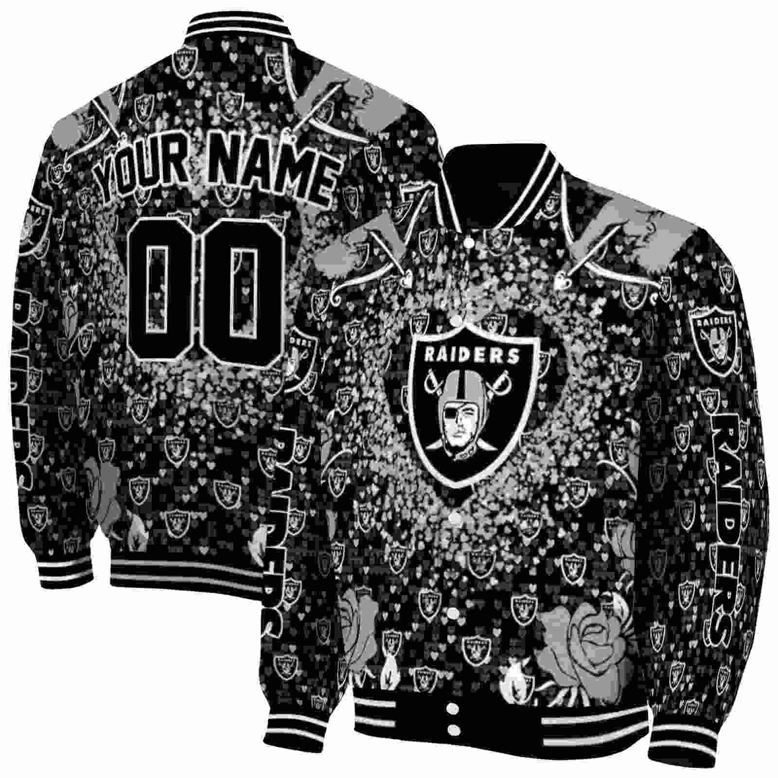 NFL Personalized Las Vegas Raiders Heart Explosion Black Custom Baseball Jacket Sport Fans Gear