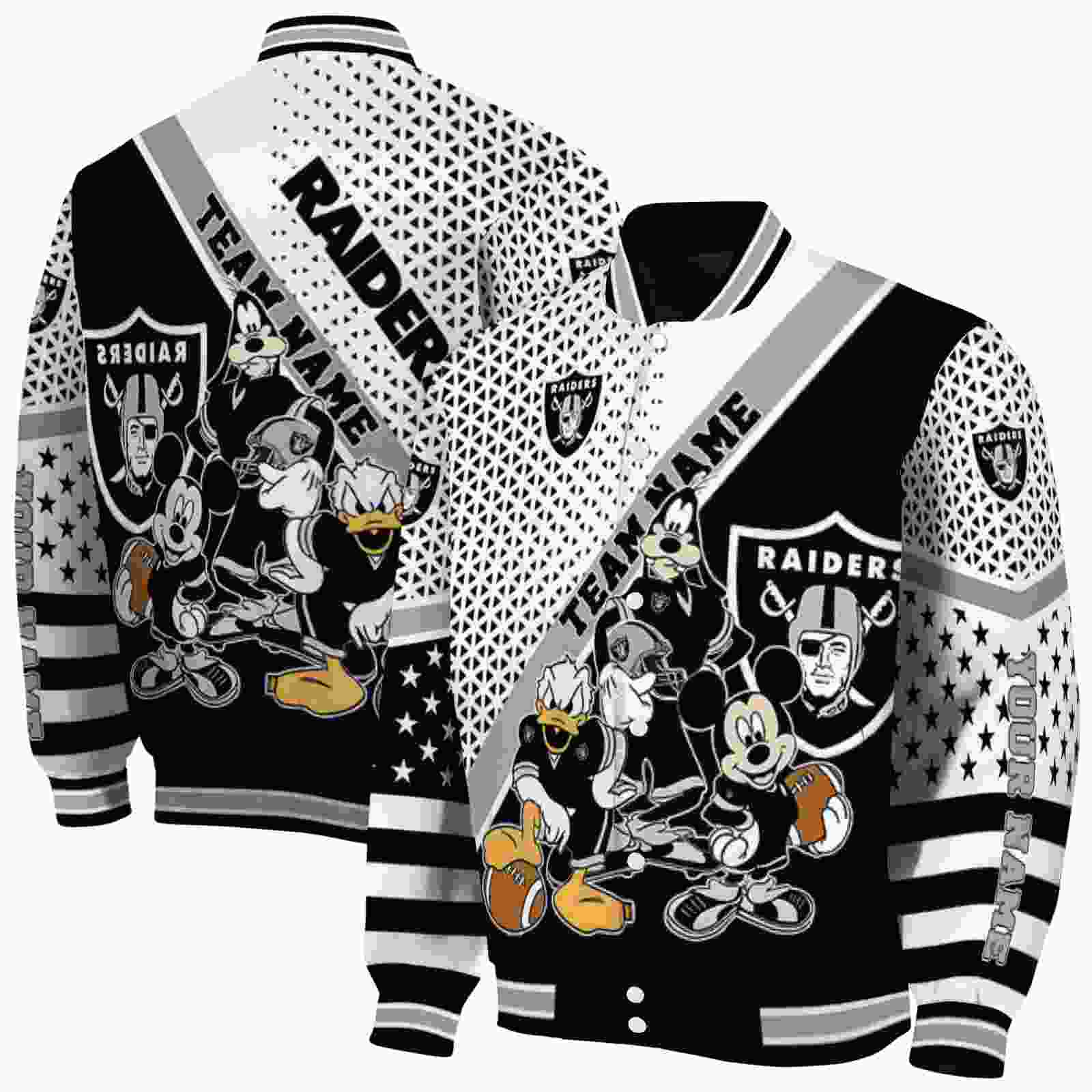 NFL Personalized Las Vegas Raiders Mickey Donald Goofy Black White Custom Baseball Jacket Sport Fans Gear