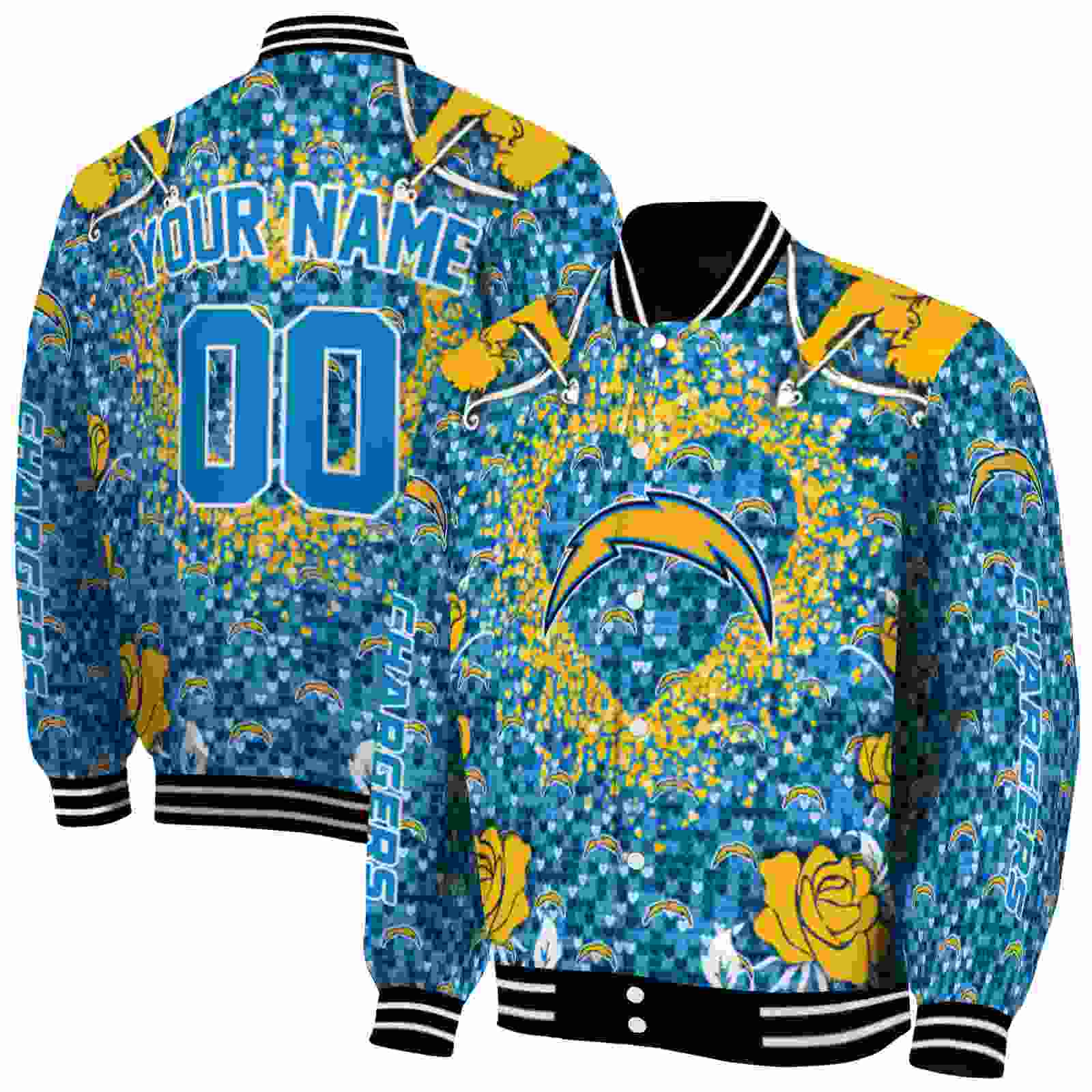 NFL Personalized Los Angeles Chargers Heart Explosion Blue Custom Baseball Jacket Sport Fans Gear