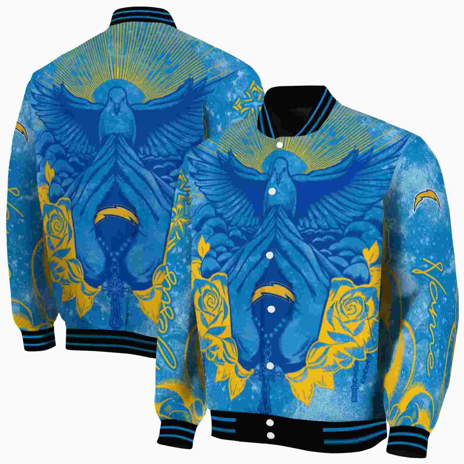NFL Personalized Los Angeles Chargers Praying Hands Blue Custom Baseball Jacket Sport Fans Gear