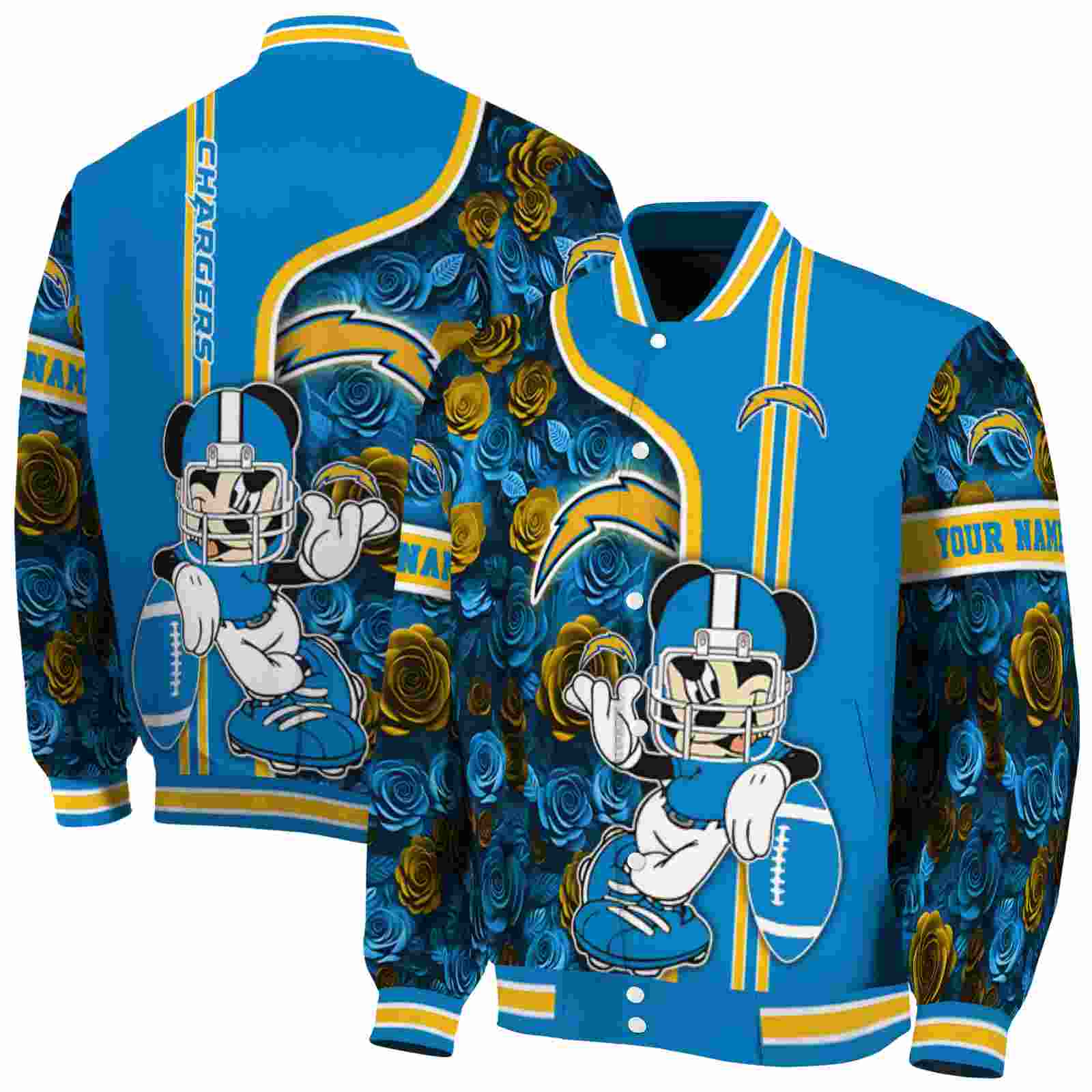 NFL Personalized Los Angeles Chargers Rose Mickey Blue Custom Baseball Jacket Sport Fans Gear
