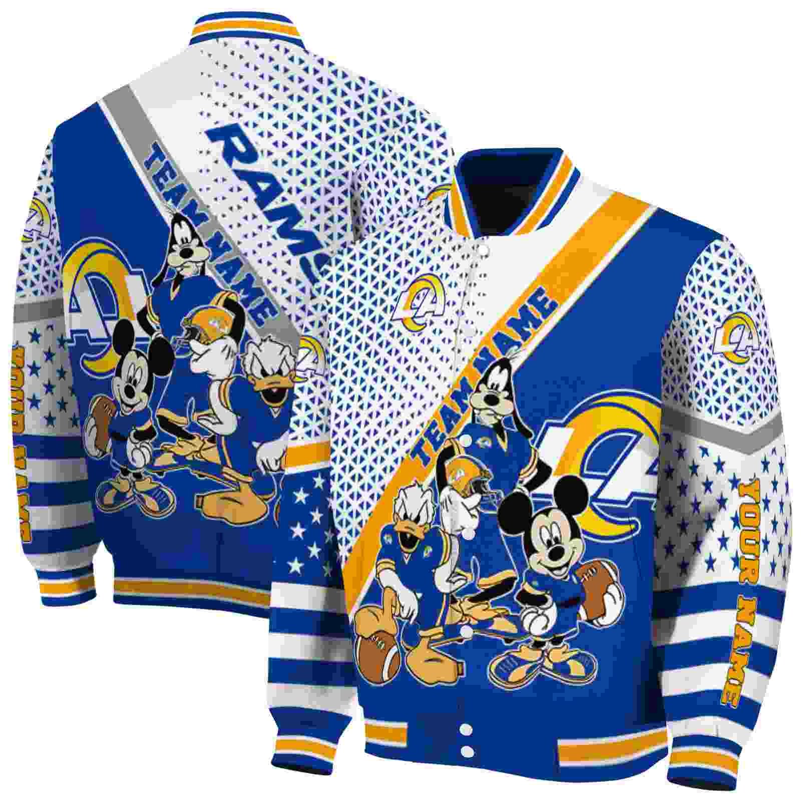NFL Personalized Los Angeles Rams Mickey Donald Goofy Blue White Custom Baseball Jacket Sport Fans Gear