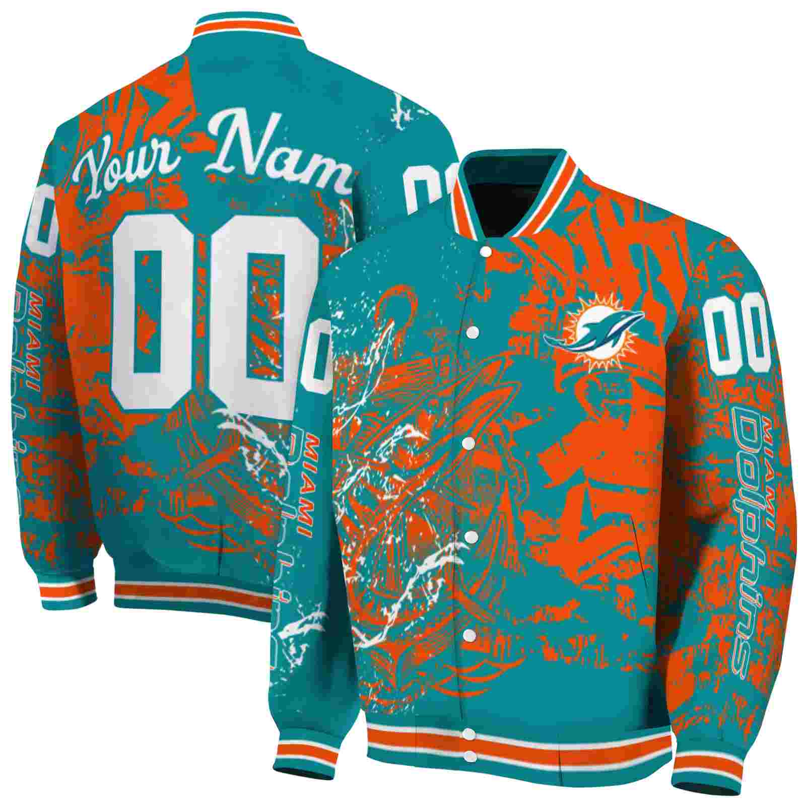 NFL Personalized Miami Dolphins Fishing Art Aqua Custom Baseball Jacket Sport Fans Gear