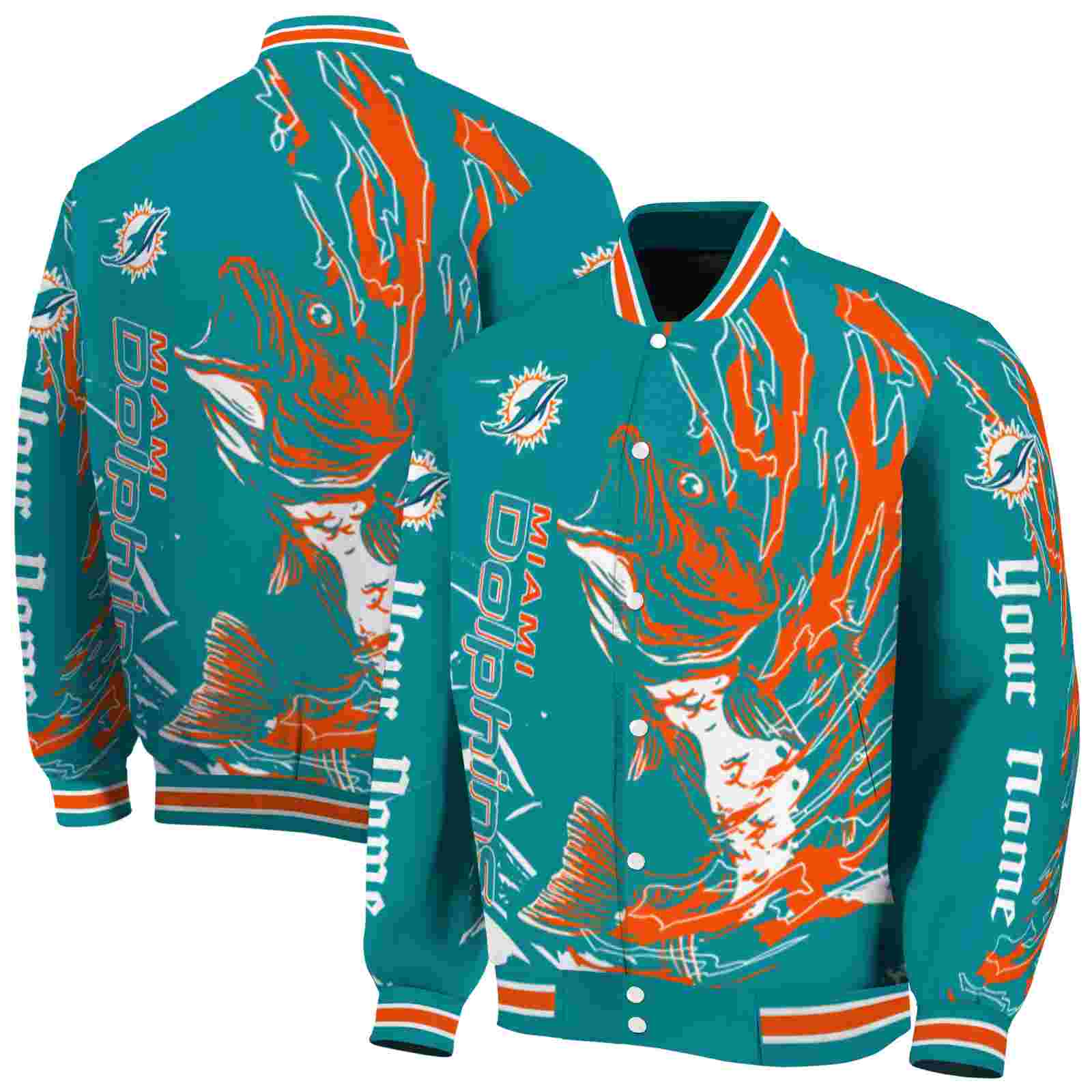 NFL Personalized Miami Dolphins Fishing Passion Aqua White Custom Baseball Jacket Sport Fans Gear