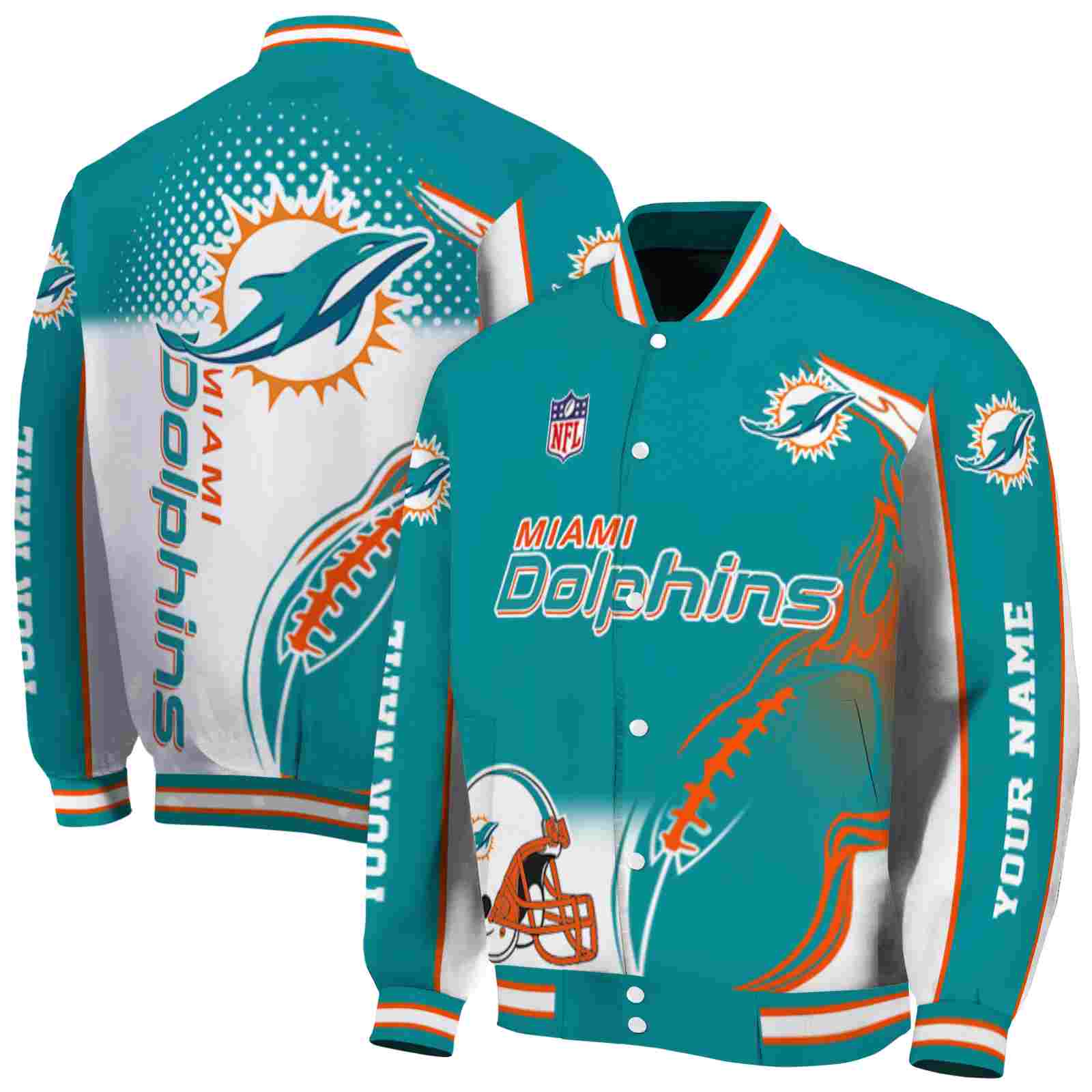 NFL Personalized Miami Dolphins Flaming Football Aqua White Custom Baseball Jacket Sport Fans Gear