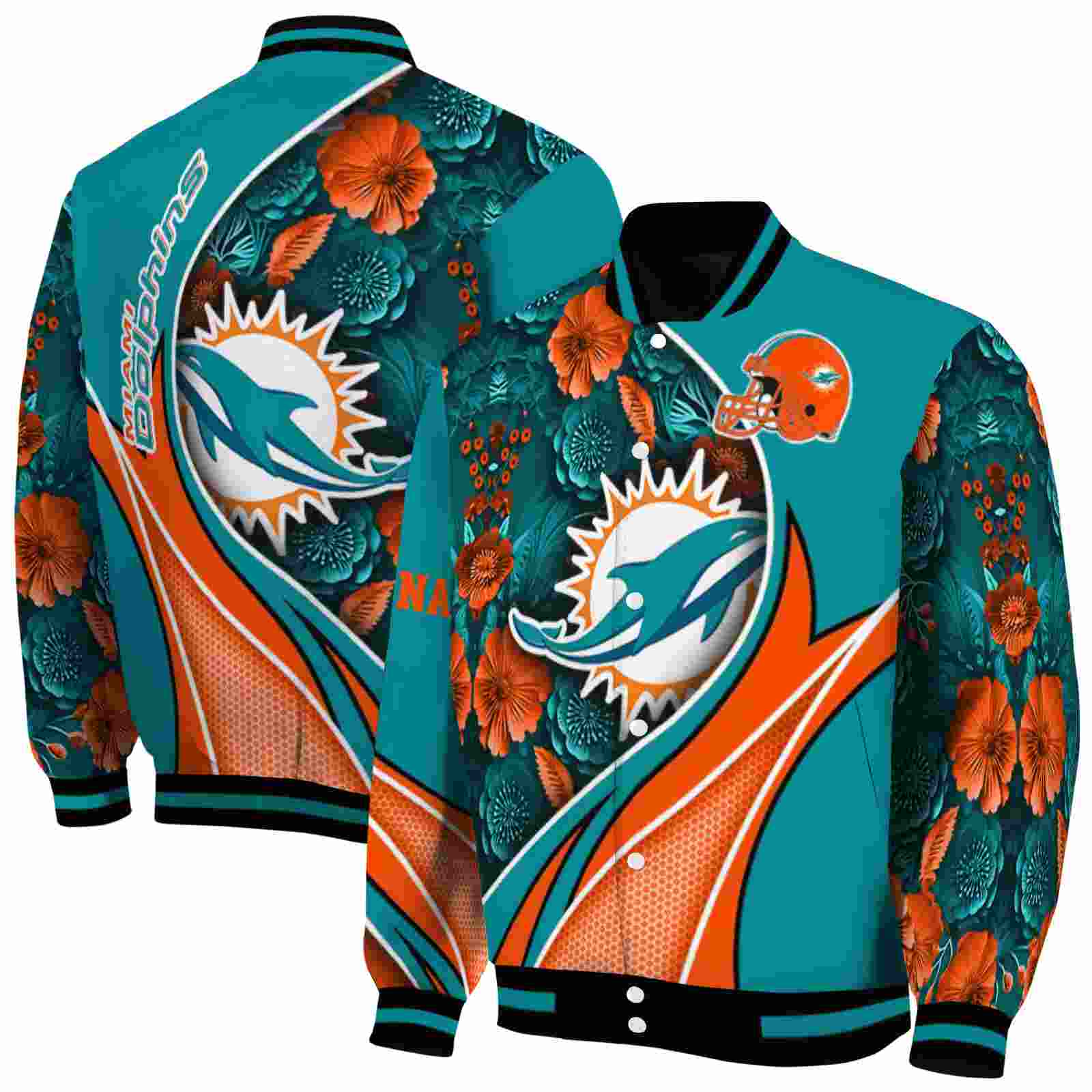 NFL Personalized Miami Dolphins Floral Print Aqua Custom Baseball Jacket Sport Fans Gear