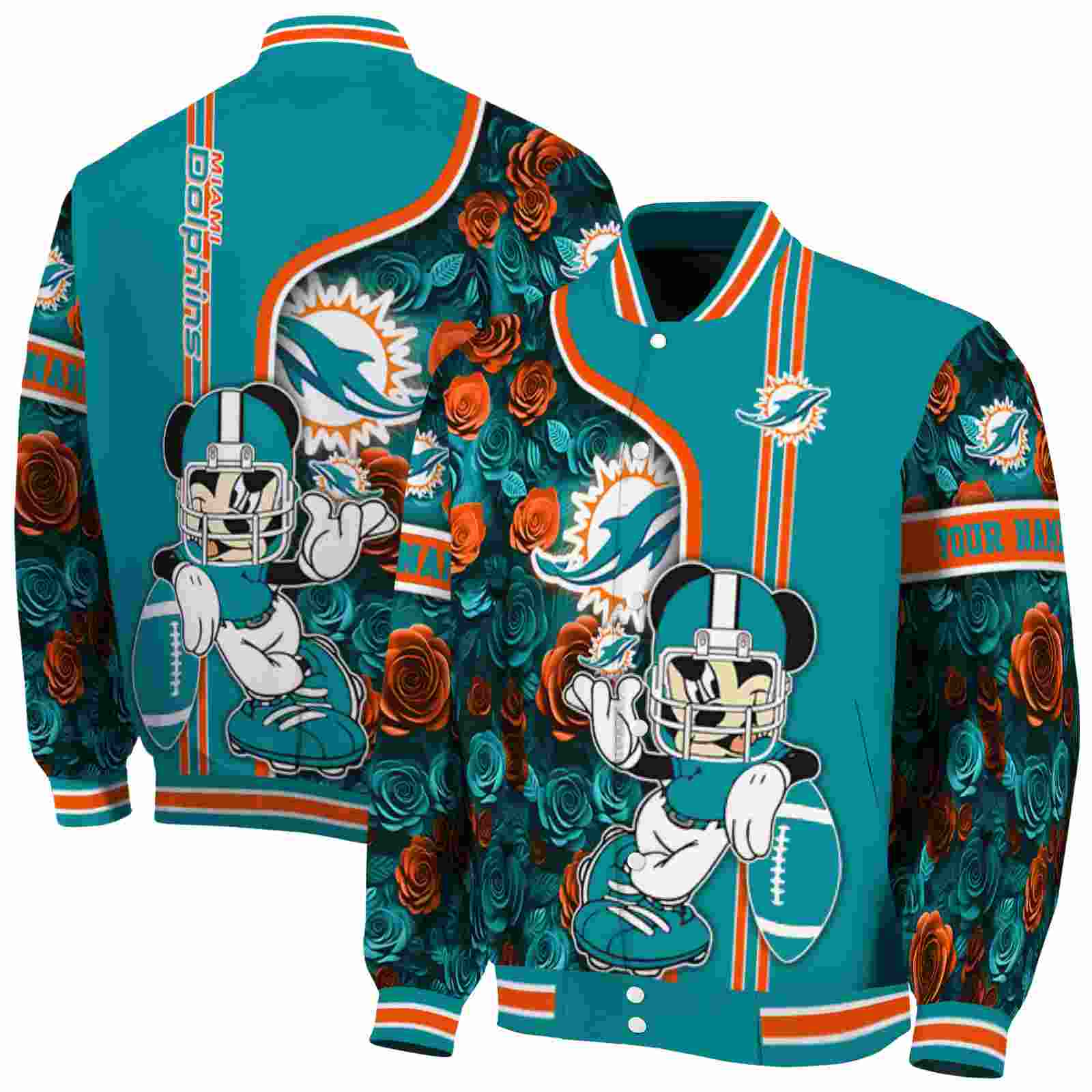 NFL Personalized Miami Dolphins Rose Mickey Aqua Custom Baseball Jacket Sport Fans Gear