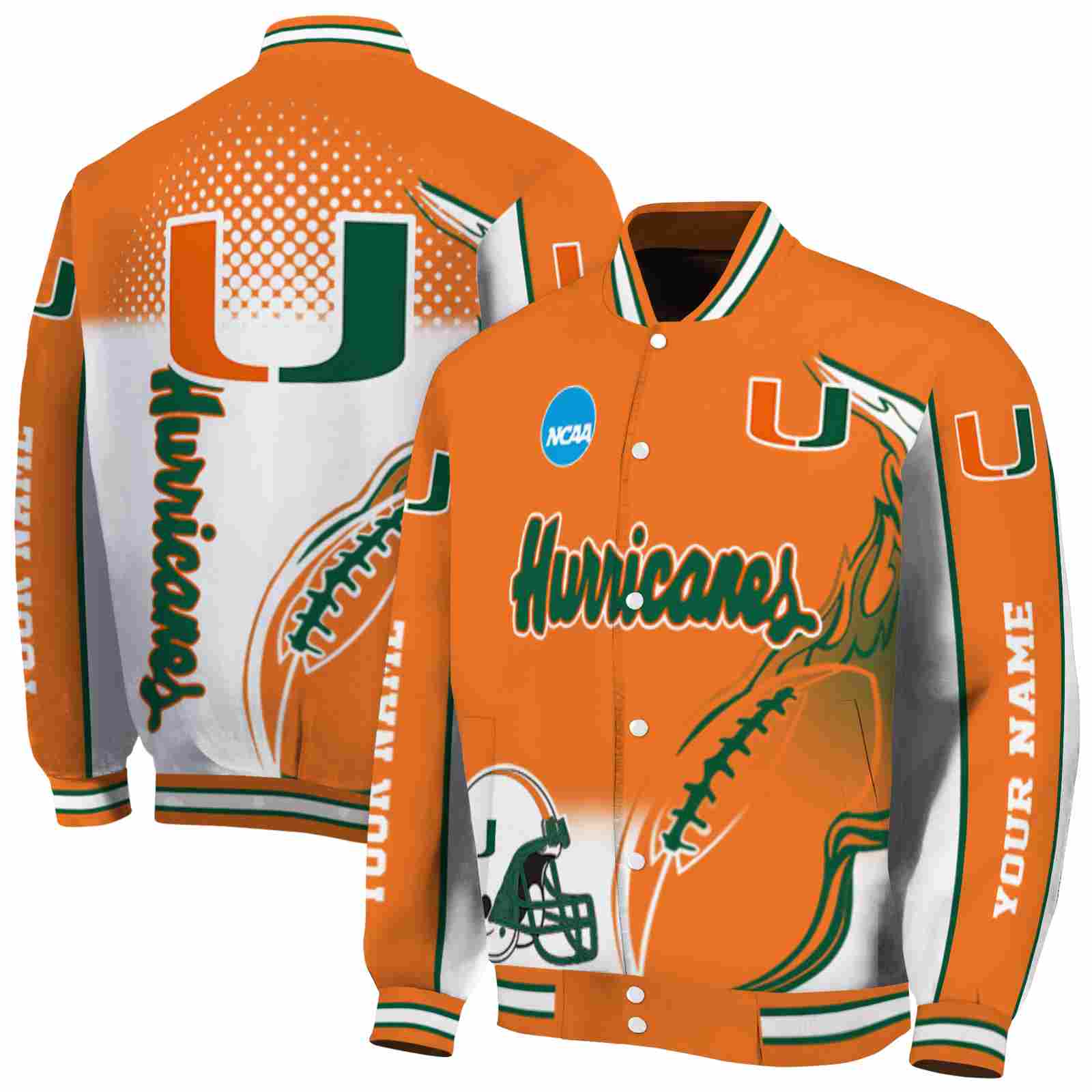 NFL Personalized Miami Hurricanes Flaming Football Orange White Custom Baseball Jacket Sport Fans Gear