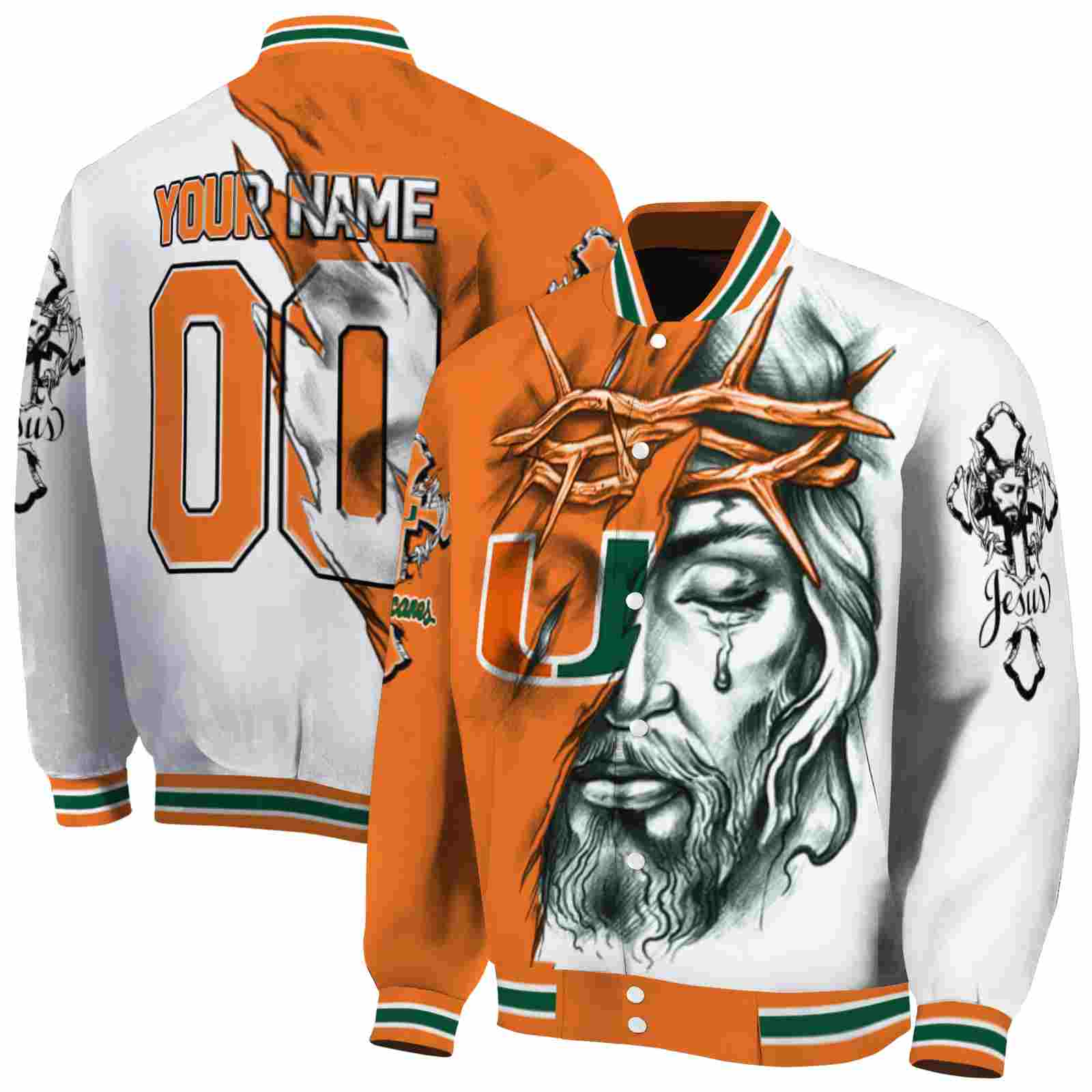 NFL Personalized Miami Hurricanes Jesus Tears Orange White Custom Baseball Jacket Sport Fans Gear