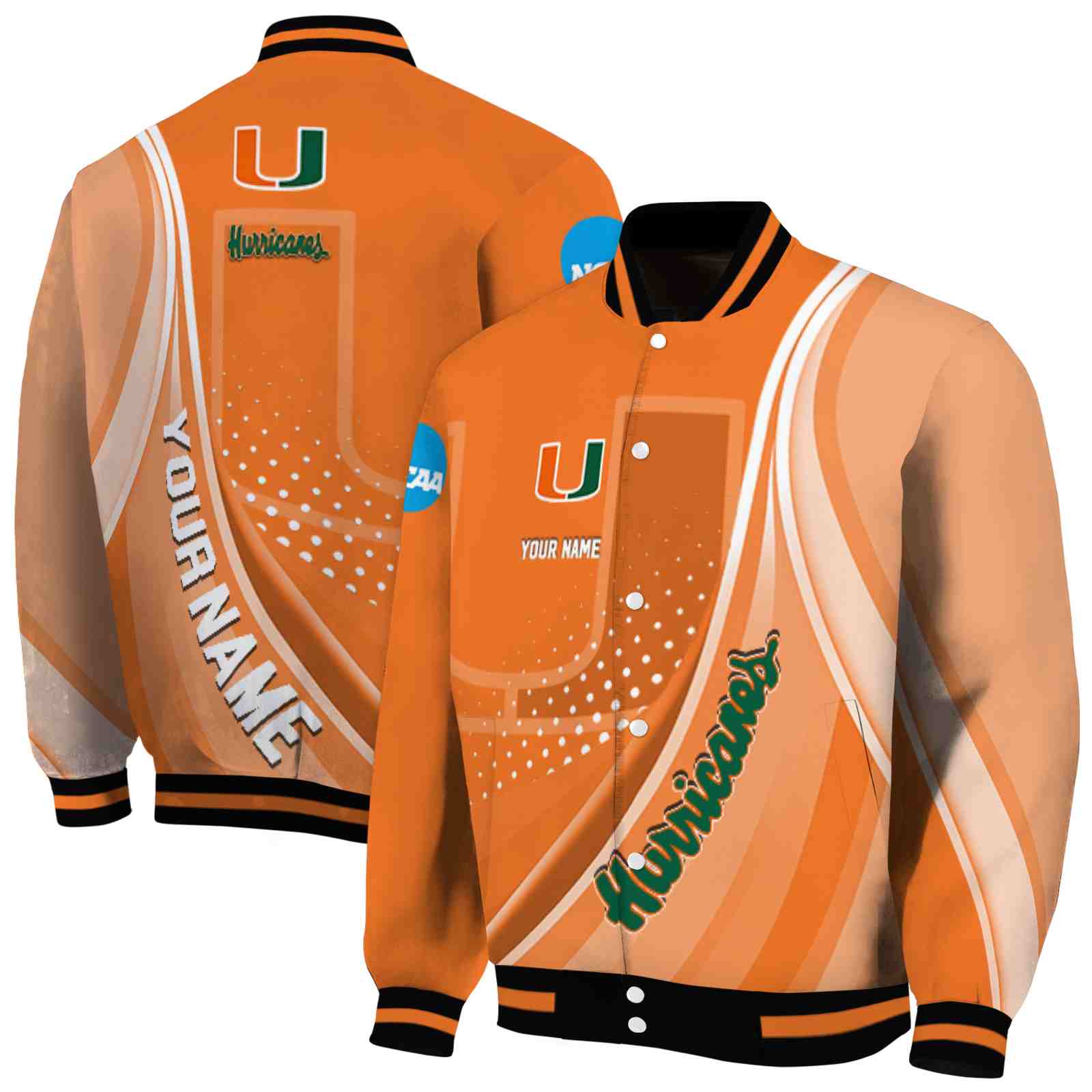 NFL Personalized Miami Hurricanes Wave Patterns Orange Custom Baseball Jacket Sport Fans Gear