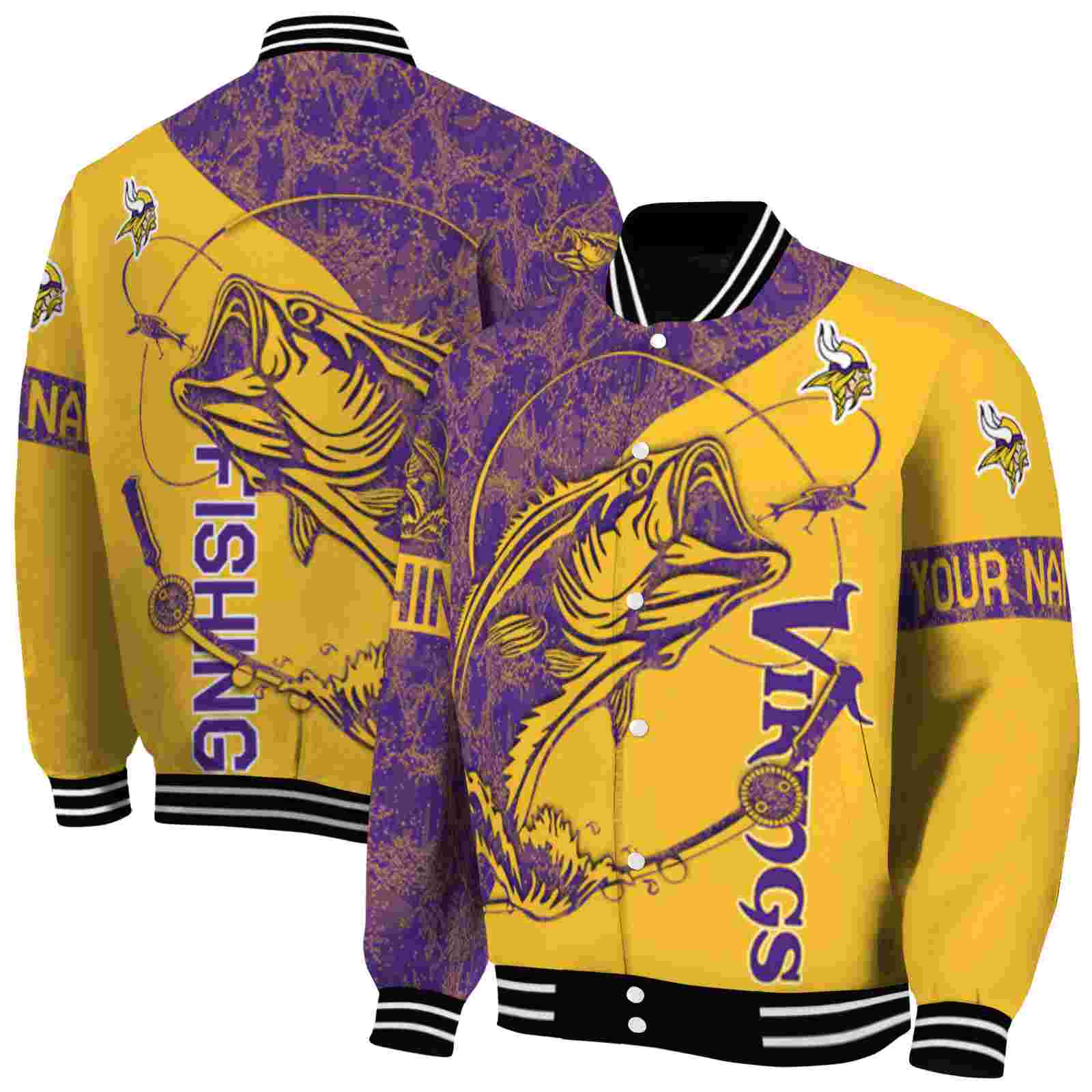 NFL Personalized Minnesota Vikings Fishing Rod Gold Custom Baseball Jacket Sport Fans Gear