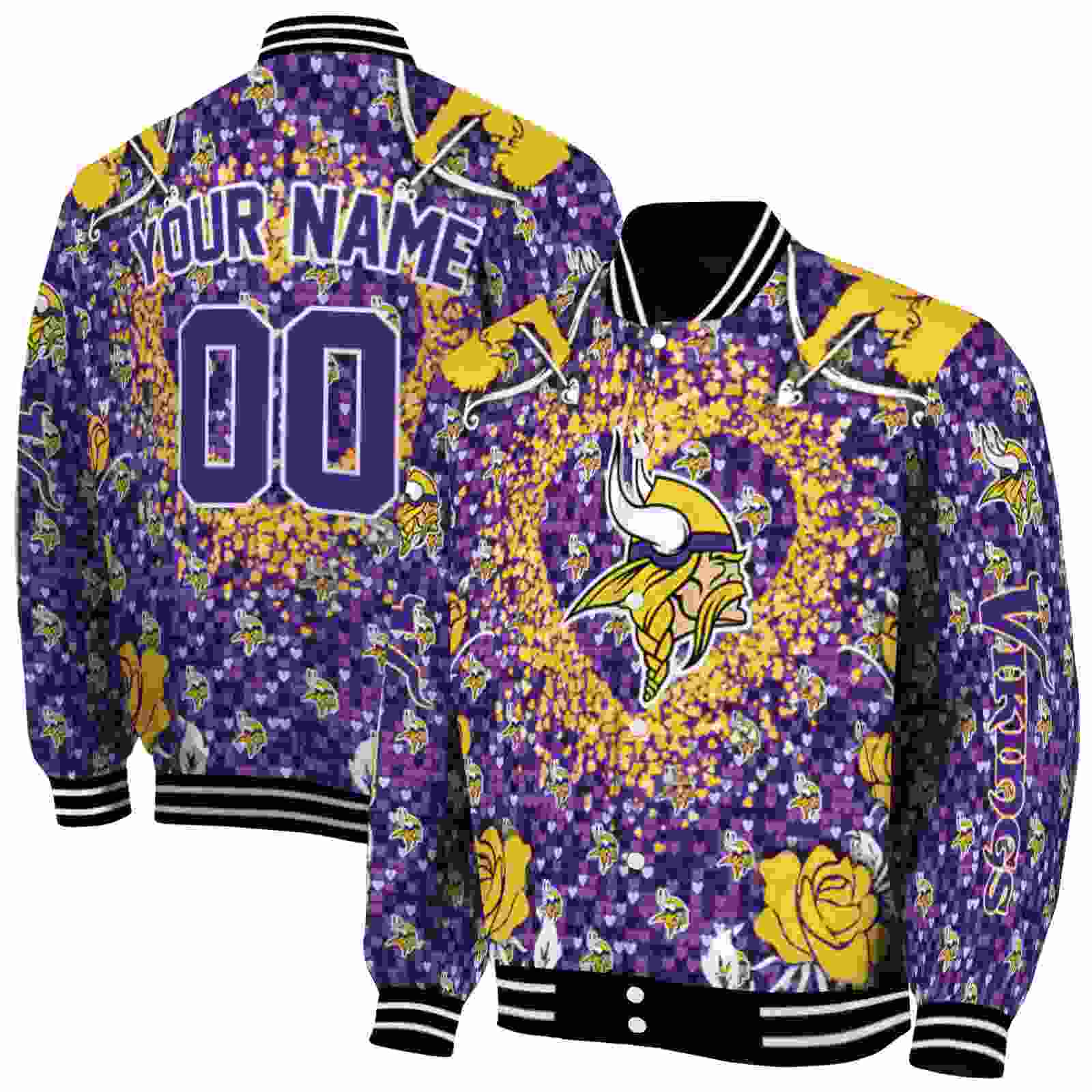 NFL Personalized Minnesota Vikings Heart Explosion Purple Custom Baseball Jacket Sport Fans Gear