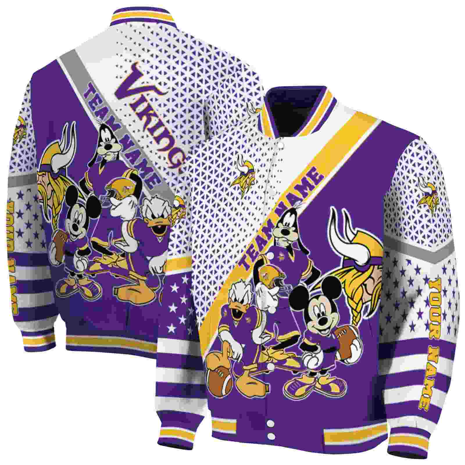 NFL Personalized Minnesota Vikings Mickey Donald Goofy Purple White Custom Baseball Jacket Sport Fans Gear