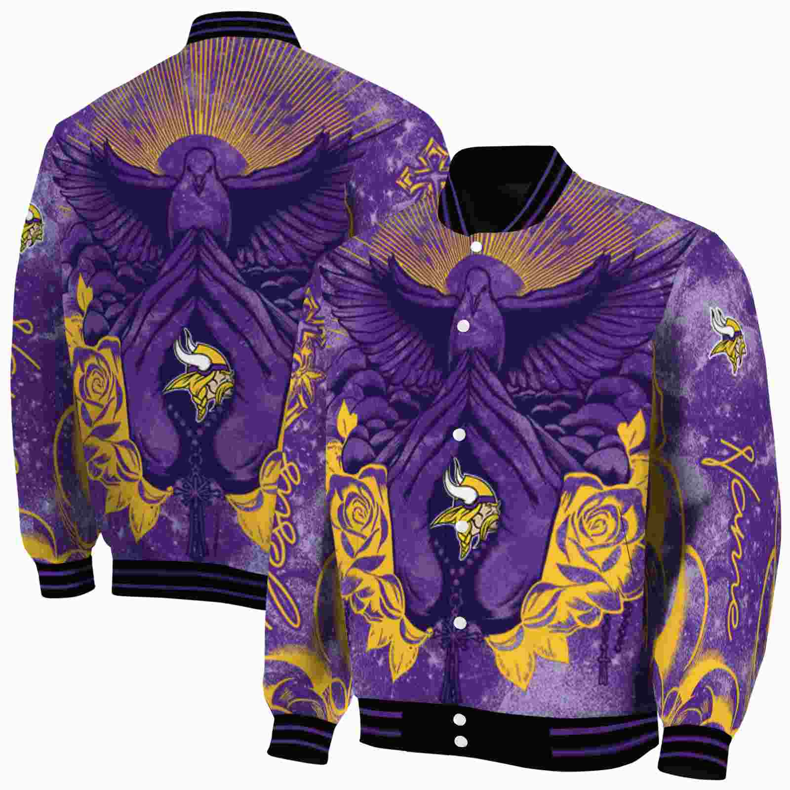 NFL Personalized Minnesota Vikings Praying Hands Purple Custom Baseball Jacket Sport Fans Gear