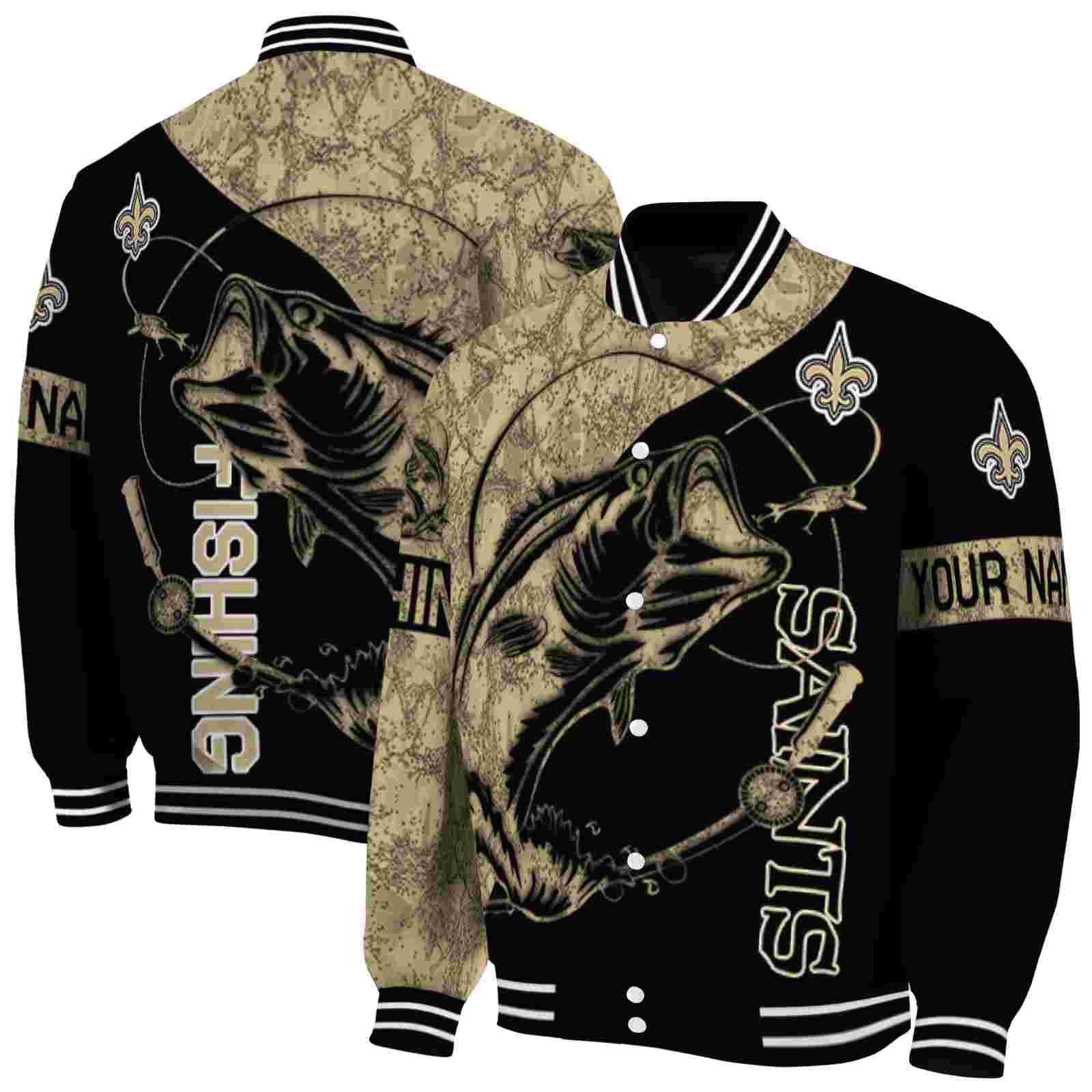 NFL Personalized New Orleans Saints Fishing Rod Black Custom Baseball Jacket Sport Fans Gear