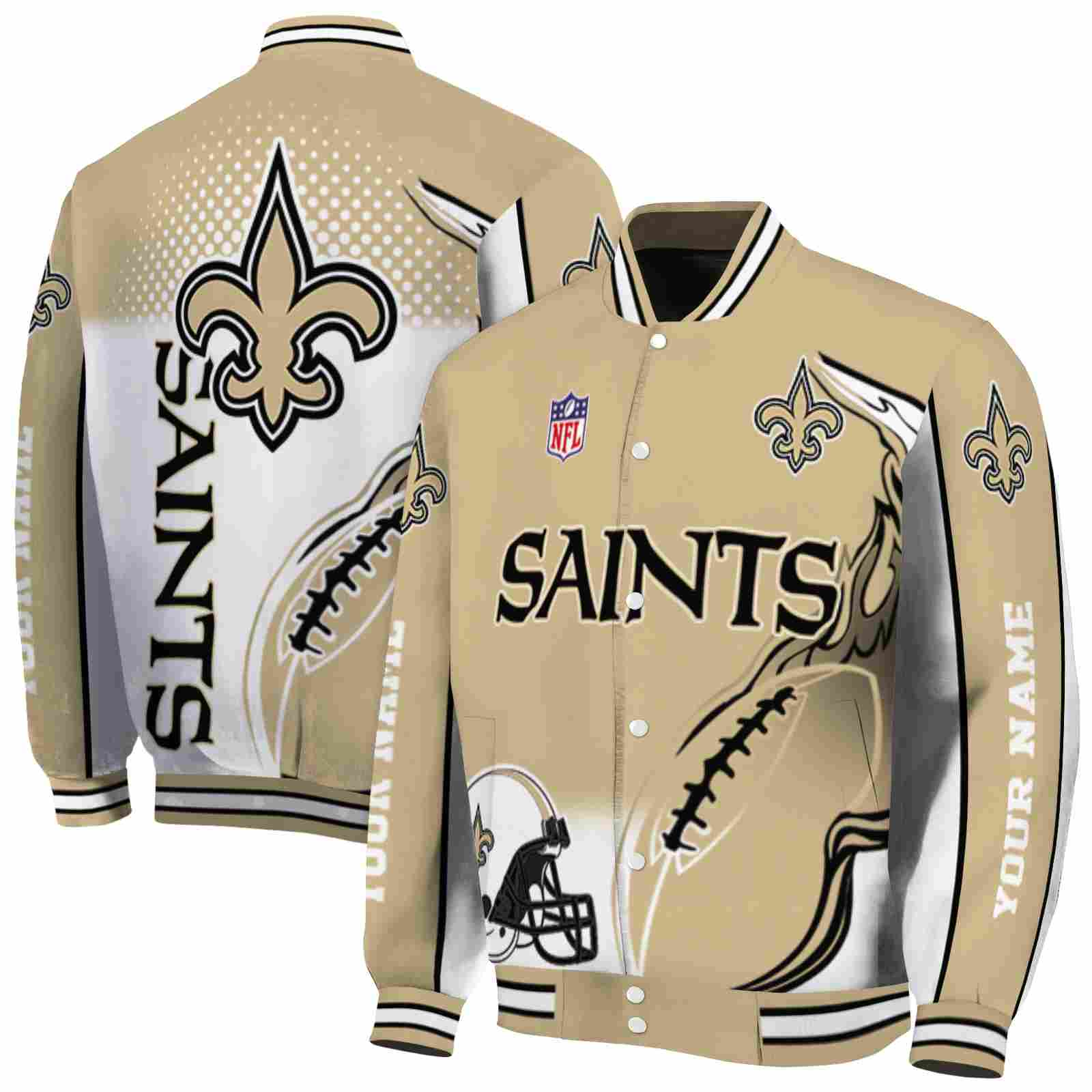 NFL Personalized New Orleans Saints Flaming Football Gold White Custom Baseball Jacket Sport Fans Gear