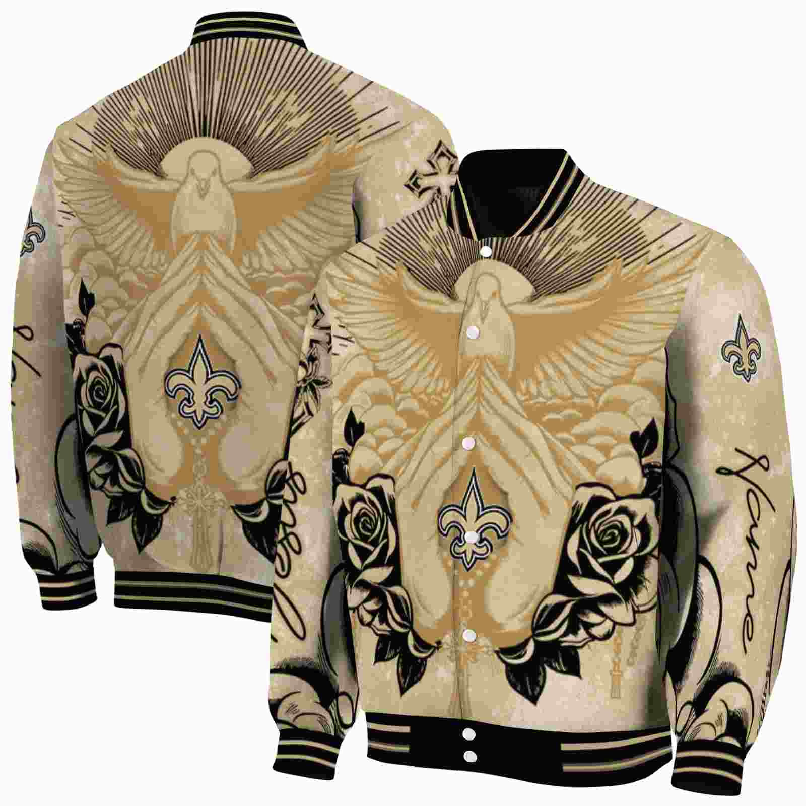 NFL Personalized New Orleans Saints Praying Hands Gold Custom Baseball Jacket Sport Fans Gear