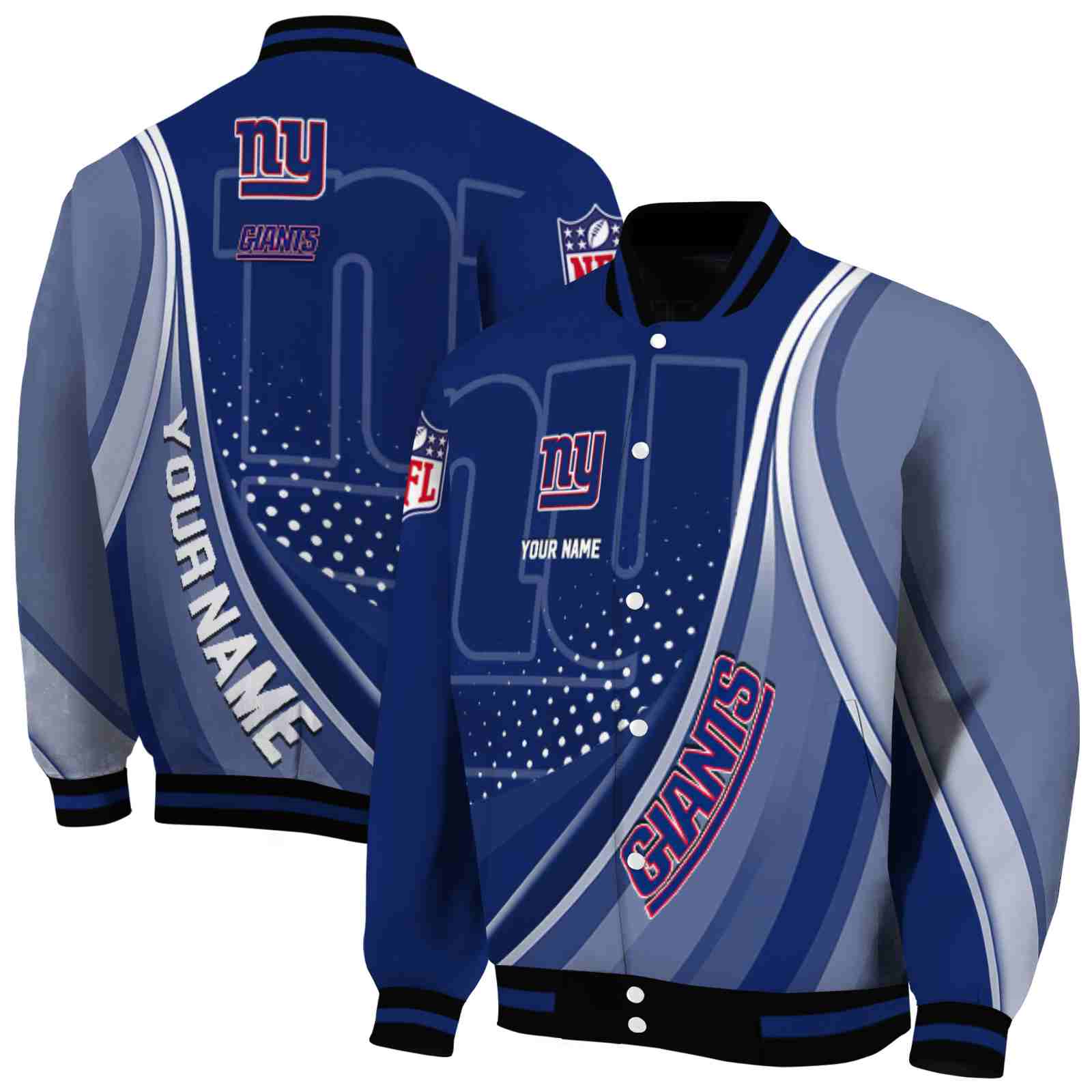 NFL Personalized New York Giants Wave Patterns Blue Custom Baseball Jacket Sport Fans Gear