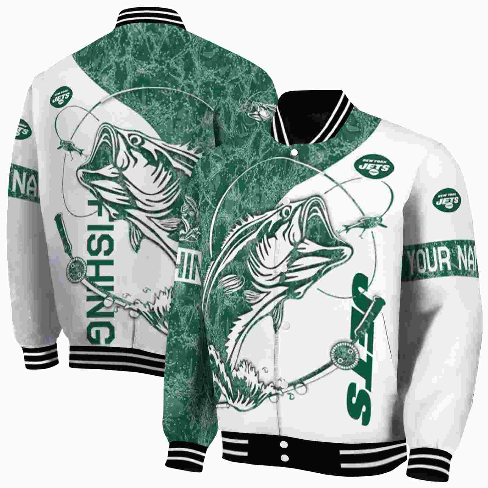 NFL Personalized New York Jets Fishing Rod White Custom Baseball Jacket Sport Fans Gear