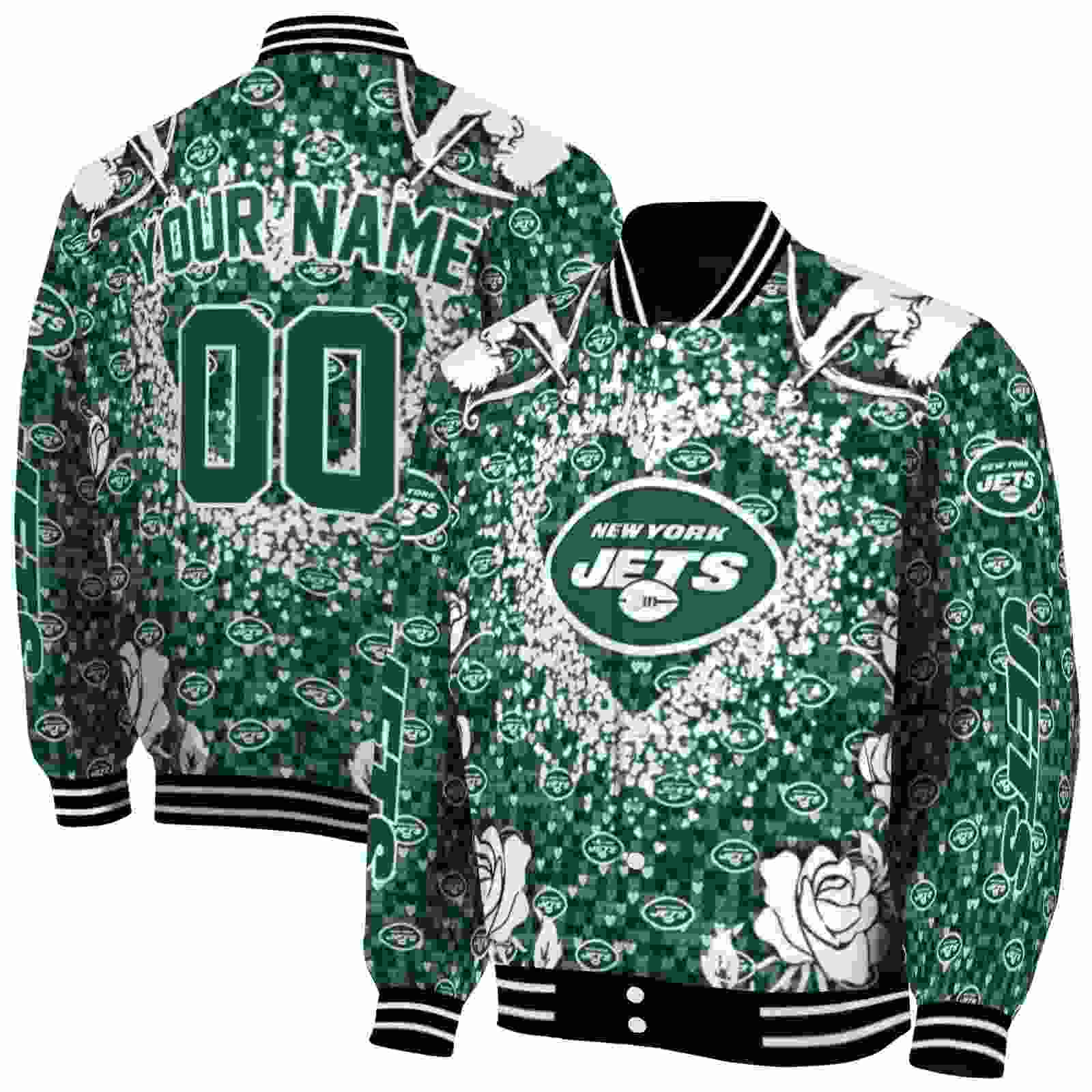 NFL Personalized New York Jets Heart Explosion Green Custom Baseball Jacket Sport Fans Gear
