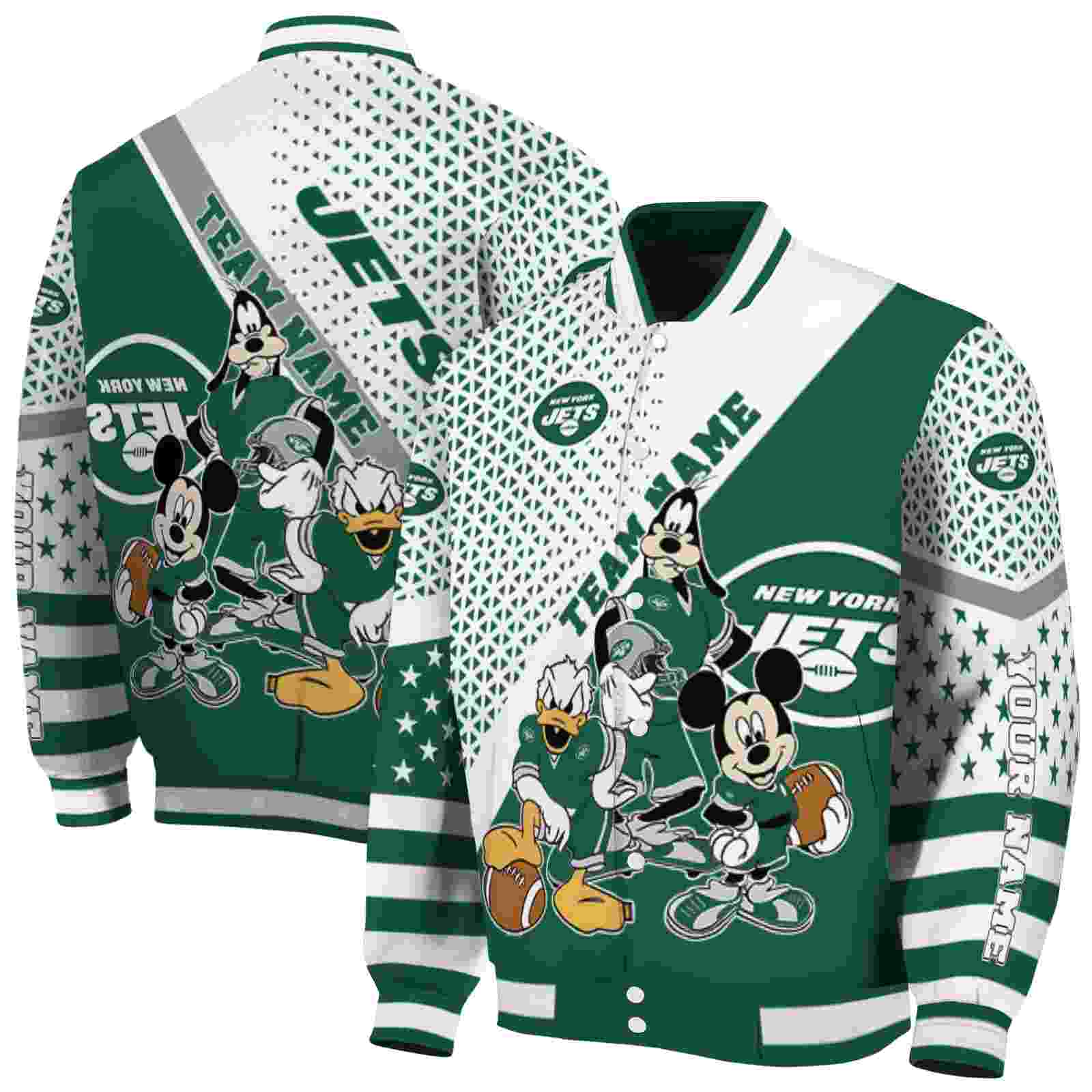 NFL Personalized New York Jets Mickey Donald Goofy Green White Custom Baseball Jacket Sport Fans Gear
