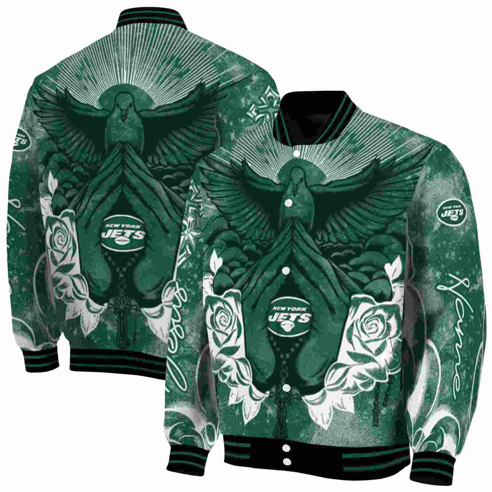 NFL Personalized New York Jets Praying Hands Green Custom Baseball Jacket Sport Fans Gear