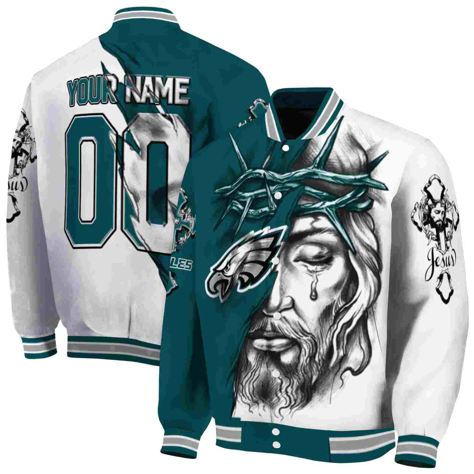 NFL Personalized Philadelphia Eagles Jesus Tears Green White Custom Baseball Jacket Sport Fans Gear