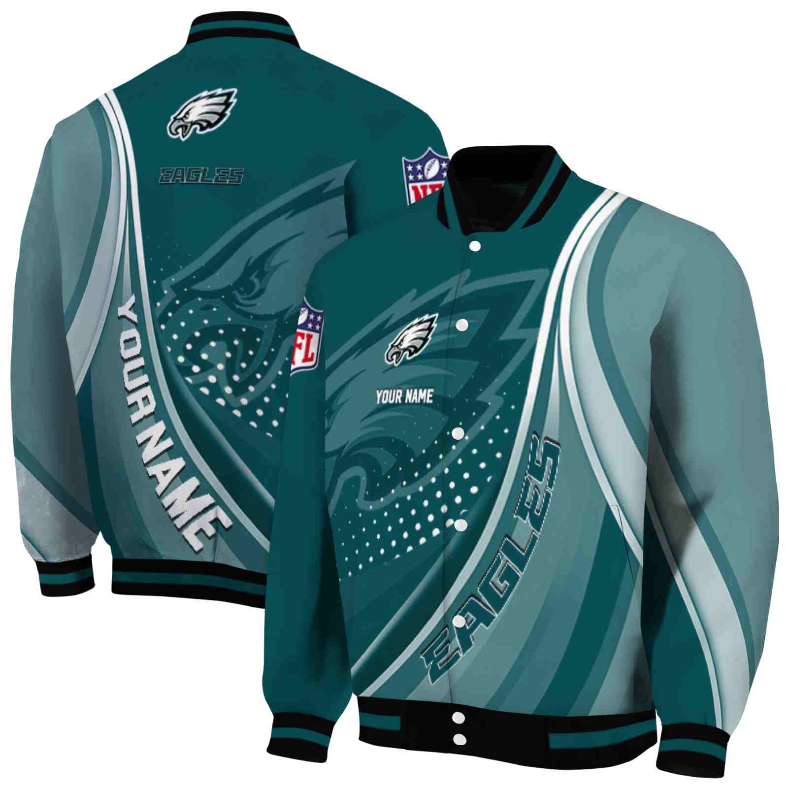NFL Personalized Philadelphia Eagles Wave Patterns Green Custom Baseball Jacket Sport Fans Gear