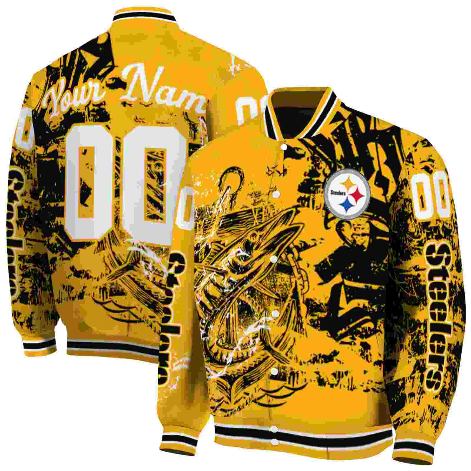 NFL Personalized Pittsburgh Steelers Fishing Art Gold Custom Baseball Jacket Sport Fans Gear