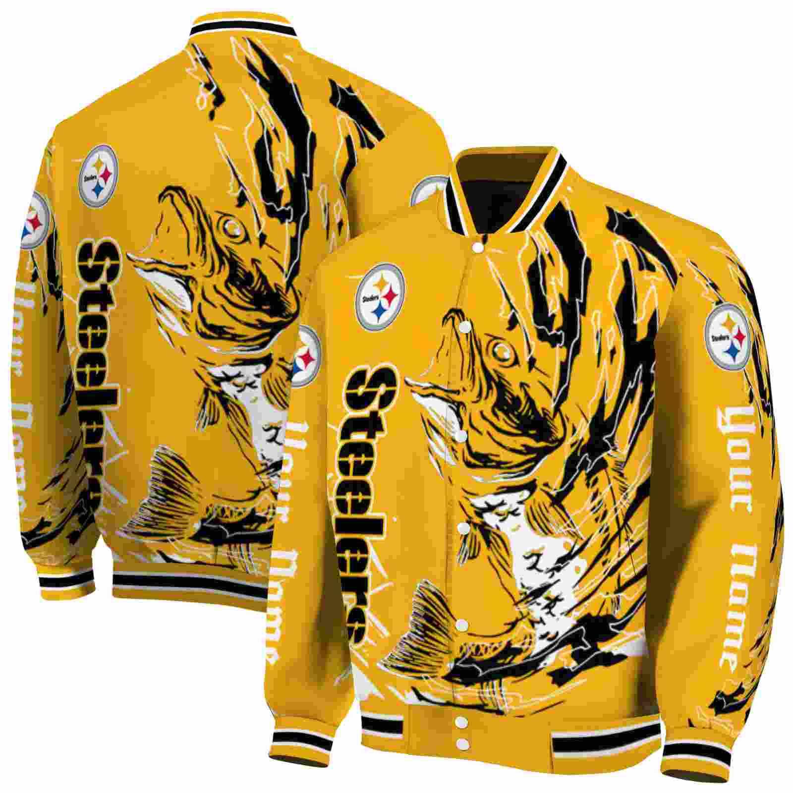 NFL Personalized Pittsburgh Steelers Fishing Passion Gold White Custom Baseball Jacket Sport Fans Gear
