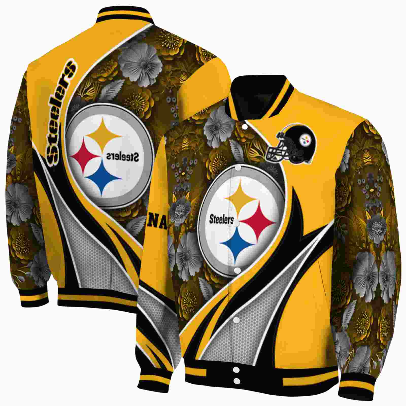 NFL Personalized Pittsburgh Steelers Floral Print Gold Custom Baseball Jacket Sport Fans Gear