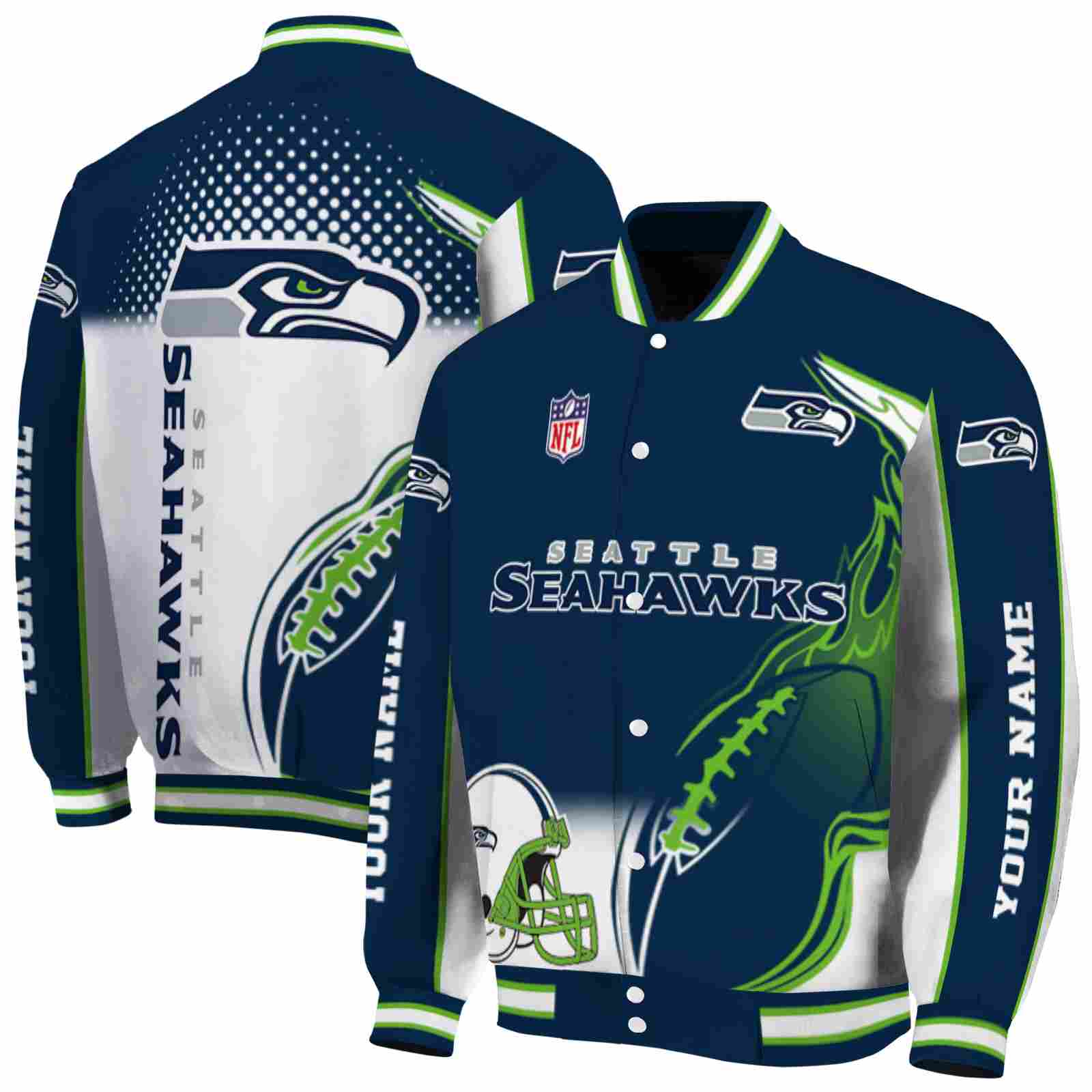 NFL Personalized Seattle Seahawks Flaming Football Blue White Custom Baseball Jacket Sport Fans Gear