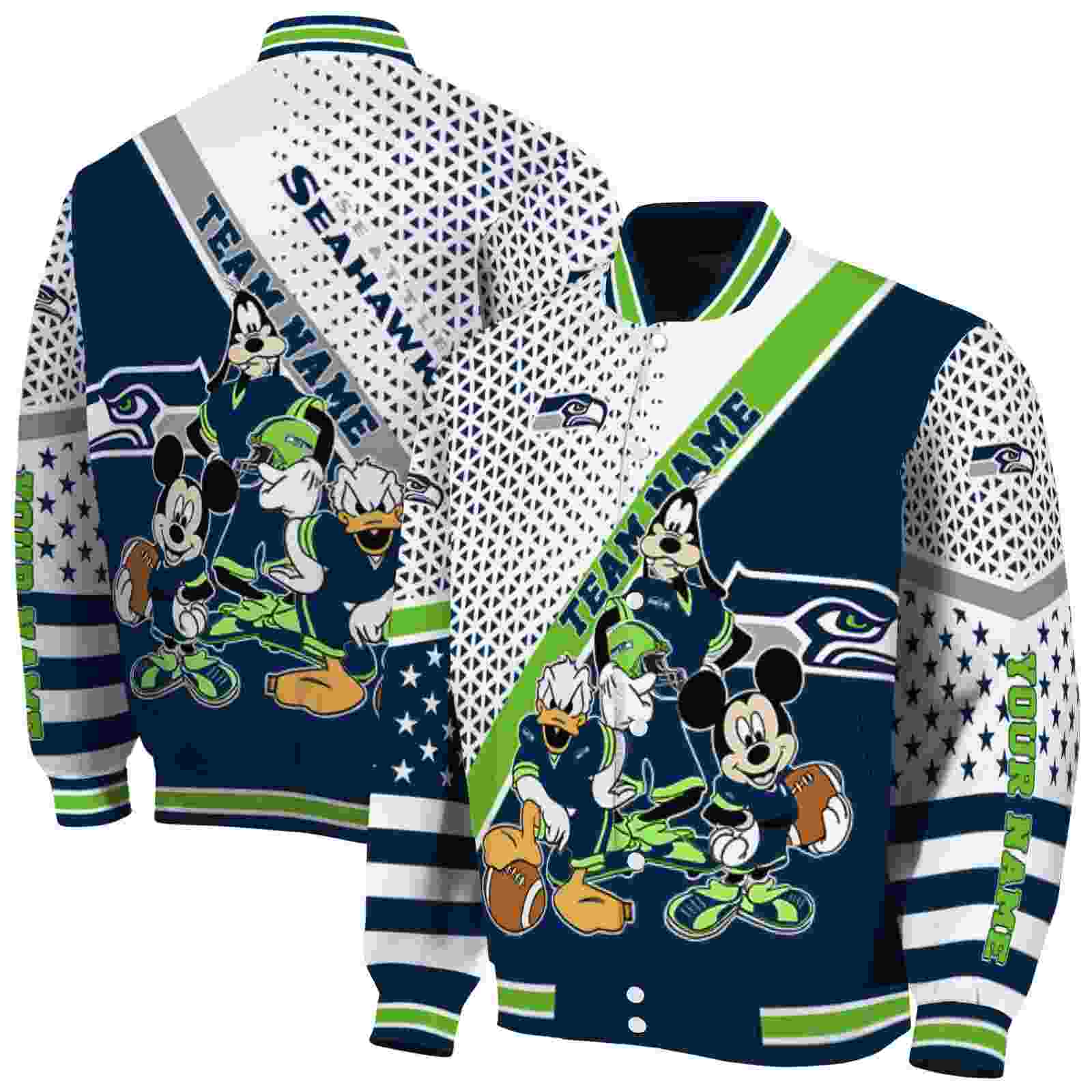 NFL Personalized Seattle Seahawks Mickey Donald Goofy Blue White Custom Baseball Jacket Sport Fans Gear