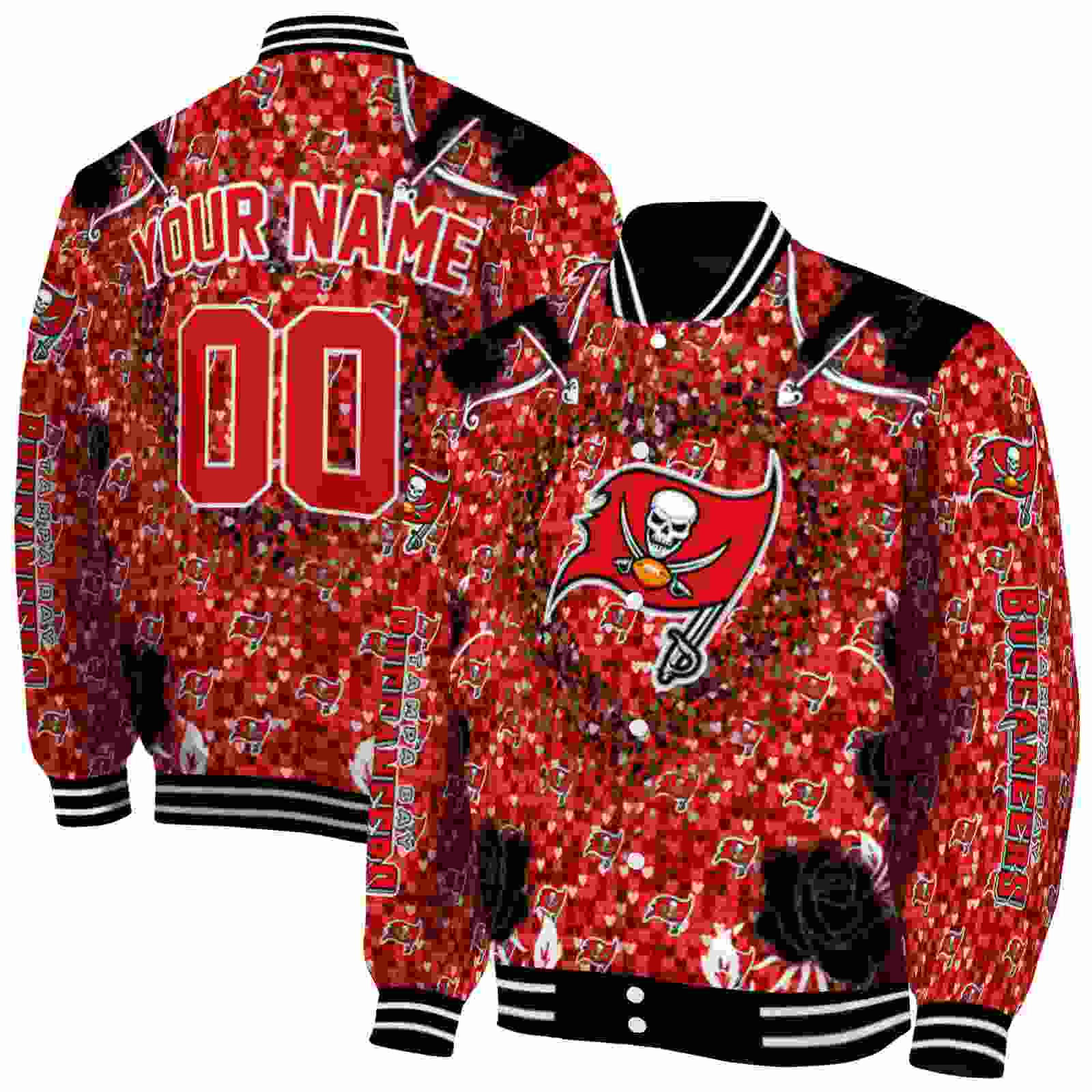 NFL Personalized Tampa Bay Buccaneers Heart Explosion Red Custom Baseball Jacket Sport Fans Gear