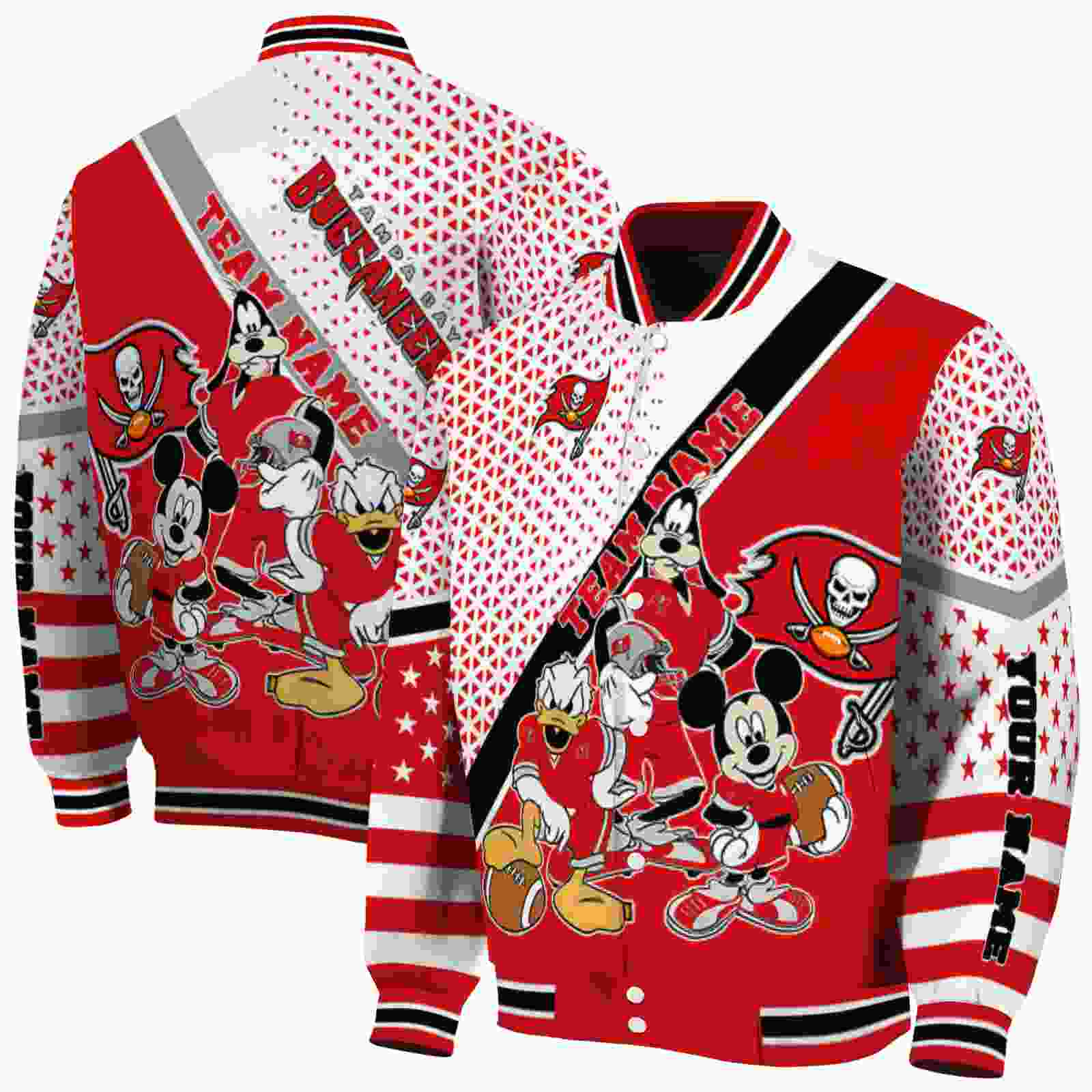 NFL Personalized Tampa Bay Buccaneers Mickey Donald Goofy Red White Custom Baseball Jacket Sport Fans Gear