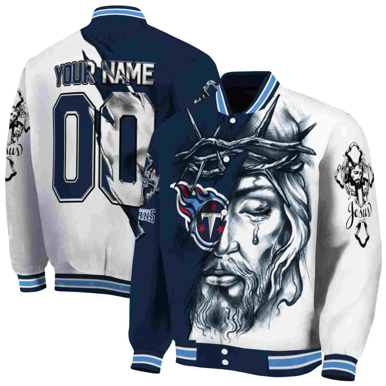 NFL Personalized Tennessee Titans Jesus Tears Navy White Custom Baseball Jacket Sport Fans Gear