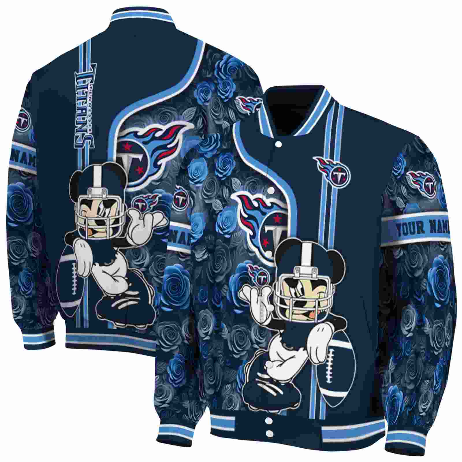 NFL Personalized Tennessee Titans Rose Mickey Navy Custom Baseball Jacket Sport Fans Gear