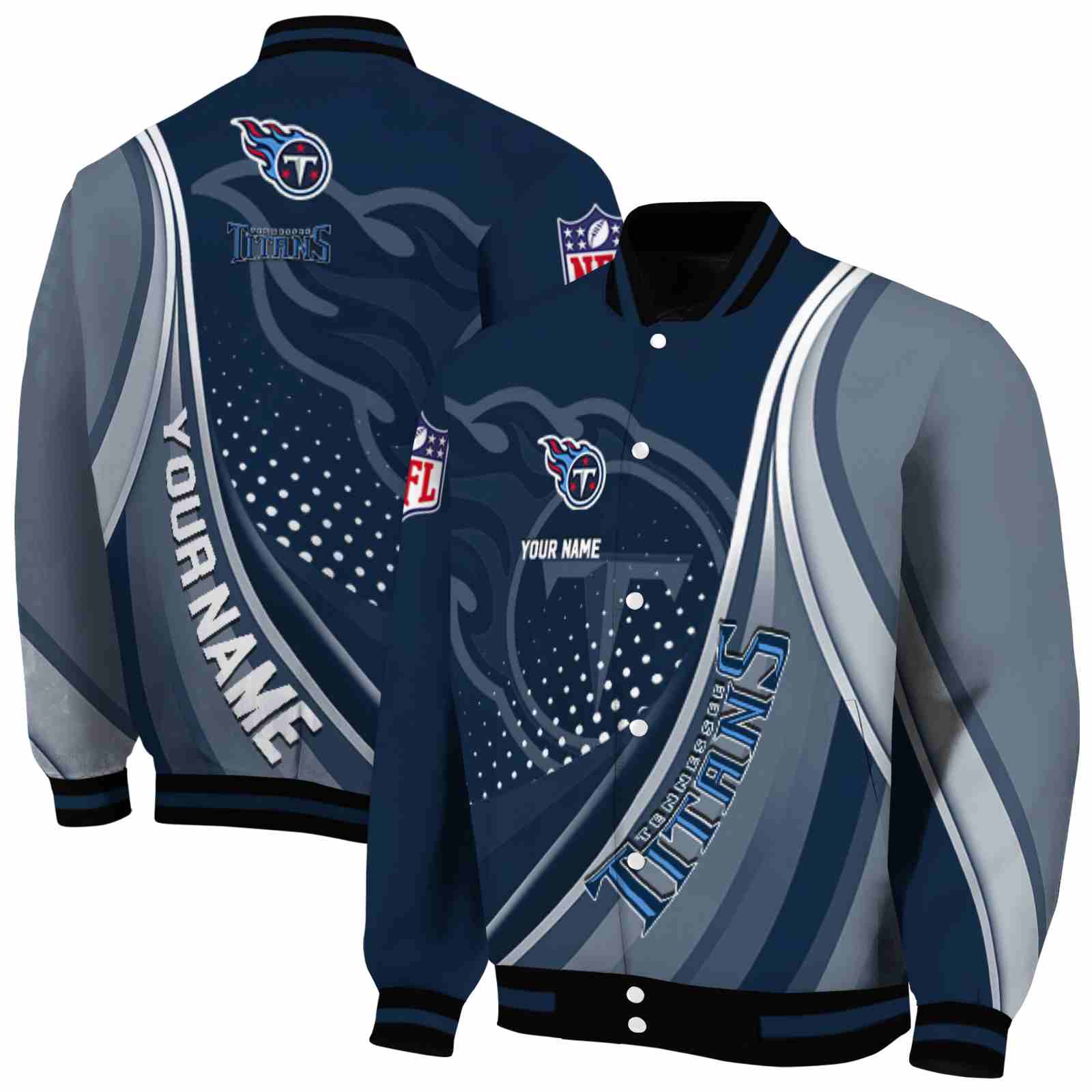 NFL Personalized Tennessee Titans Wave Patterns Navy Custom Baseball Jacket Sport Fans Gear