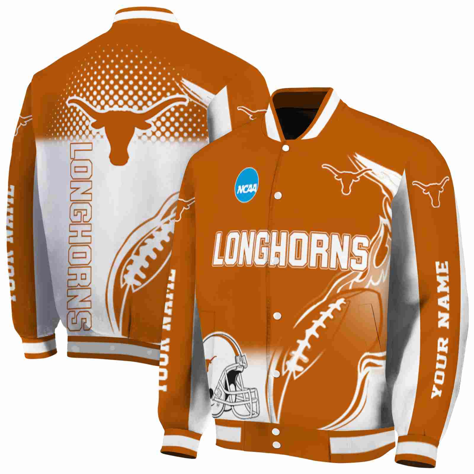 NFL Personalized Texas Longhorns Flaming Football Orange White Custom Baseball Jacket Sport Fans Gear