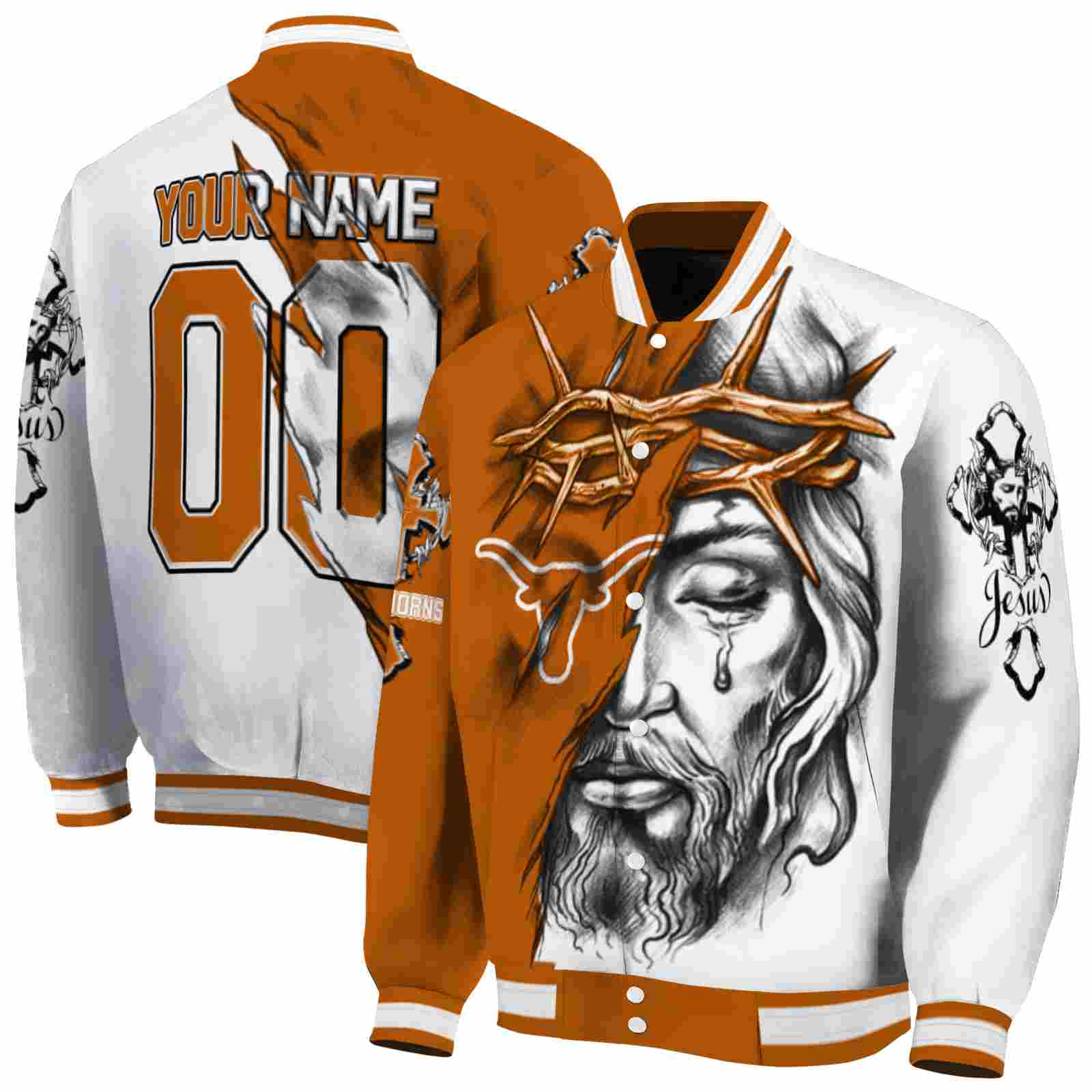 NFL Personalized Texas Longhorns Jesus Tears Orange White Custom Baseball Jacket Sport Fans Gear