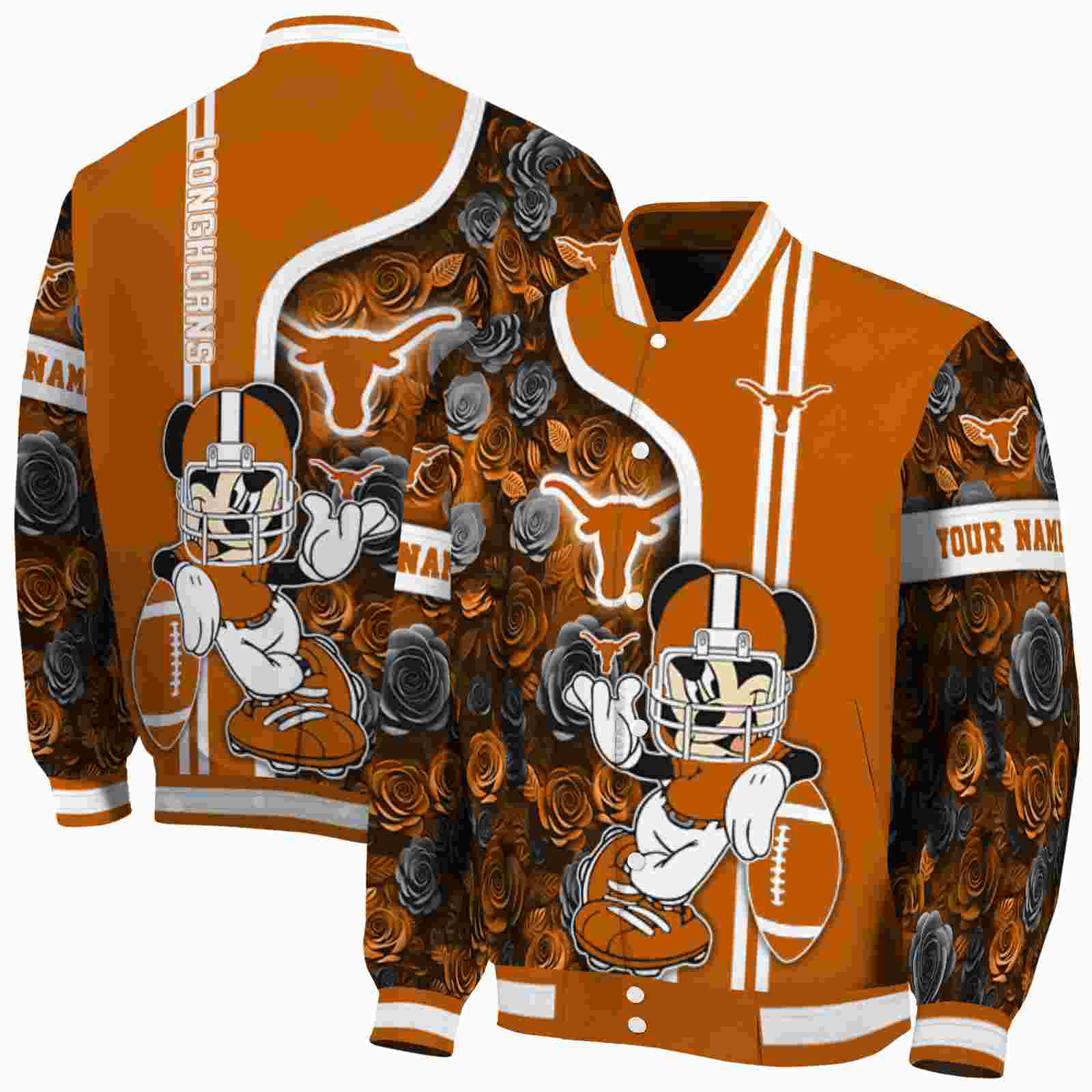 NFL Personalized Texas Longhorns Rose Mickey Orange Custom Baseball Jacket Sport Fans Gear