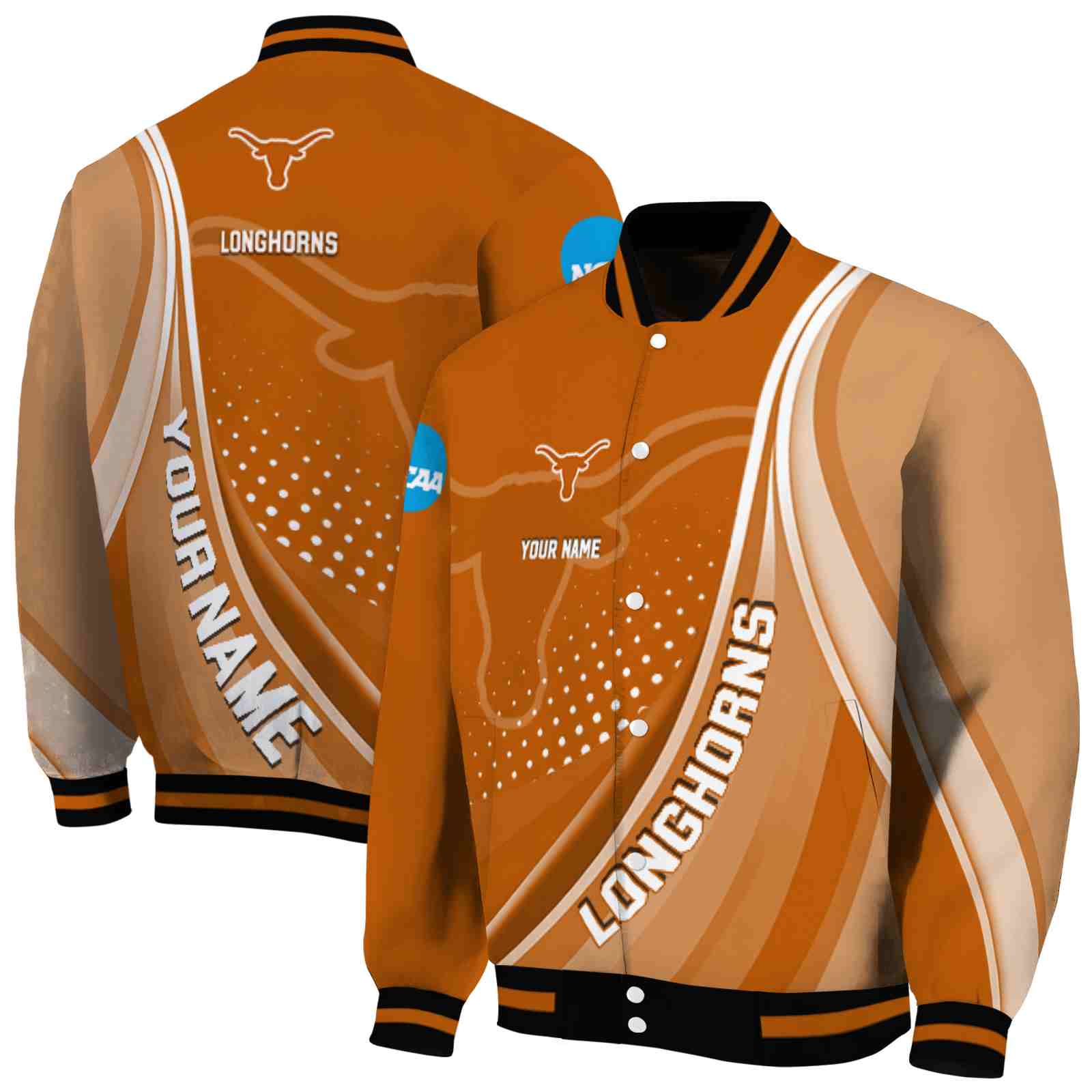 NFL Personalized Texas Longhorns Wave Patterns Orange Custom Baseball Jacket Sport Fans Gear