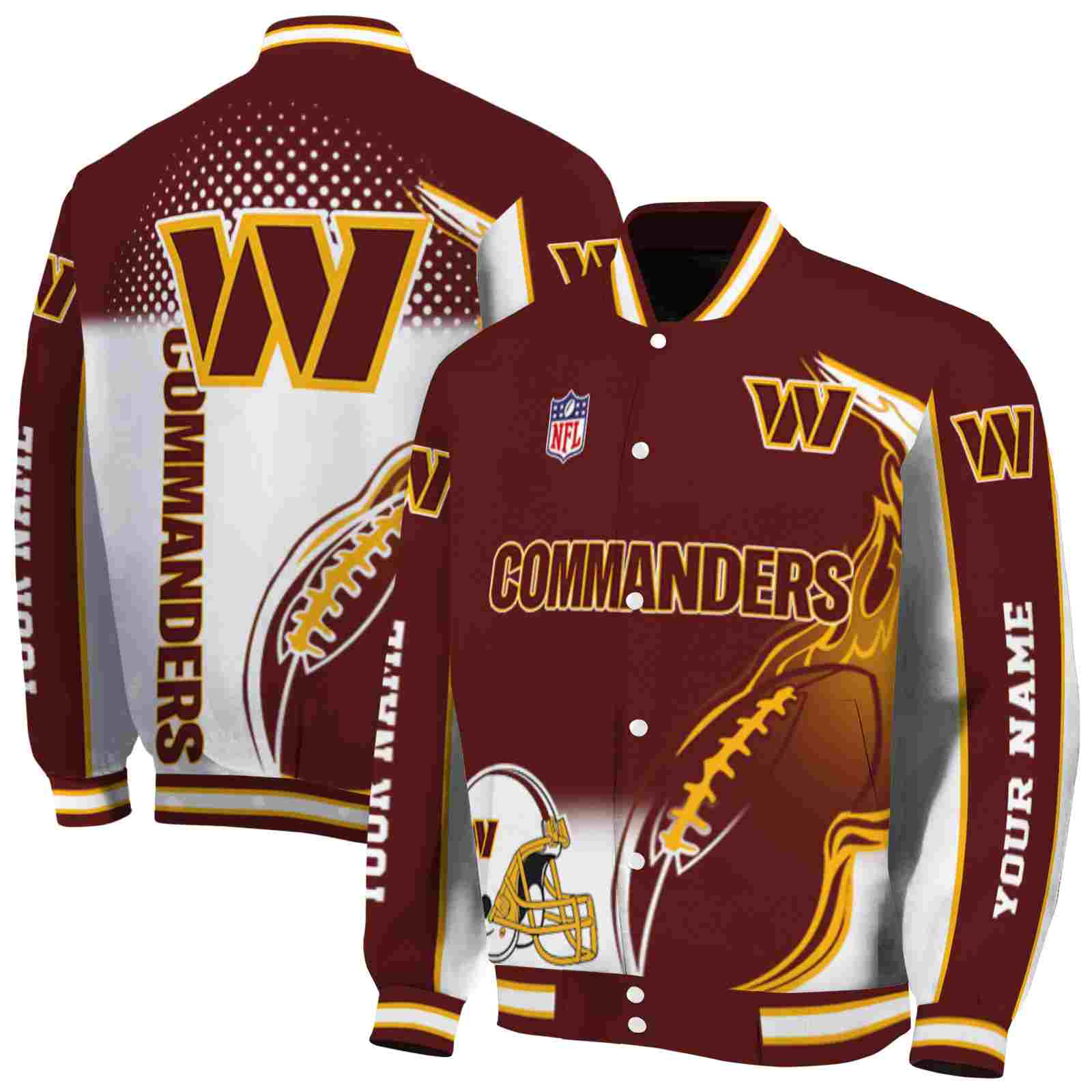 NFL Personalized Washington Commanders Flaming Football Burgundy White Custom Baseball Jacket Sport Fans Gear