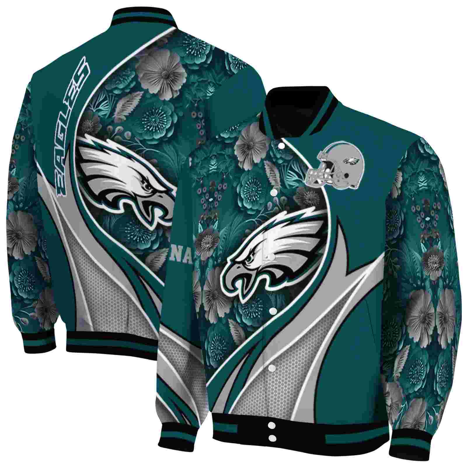 NFL Philadelphia Eagles Floral Print Green Custom Baseball Jacket Sport Fans Gear