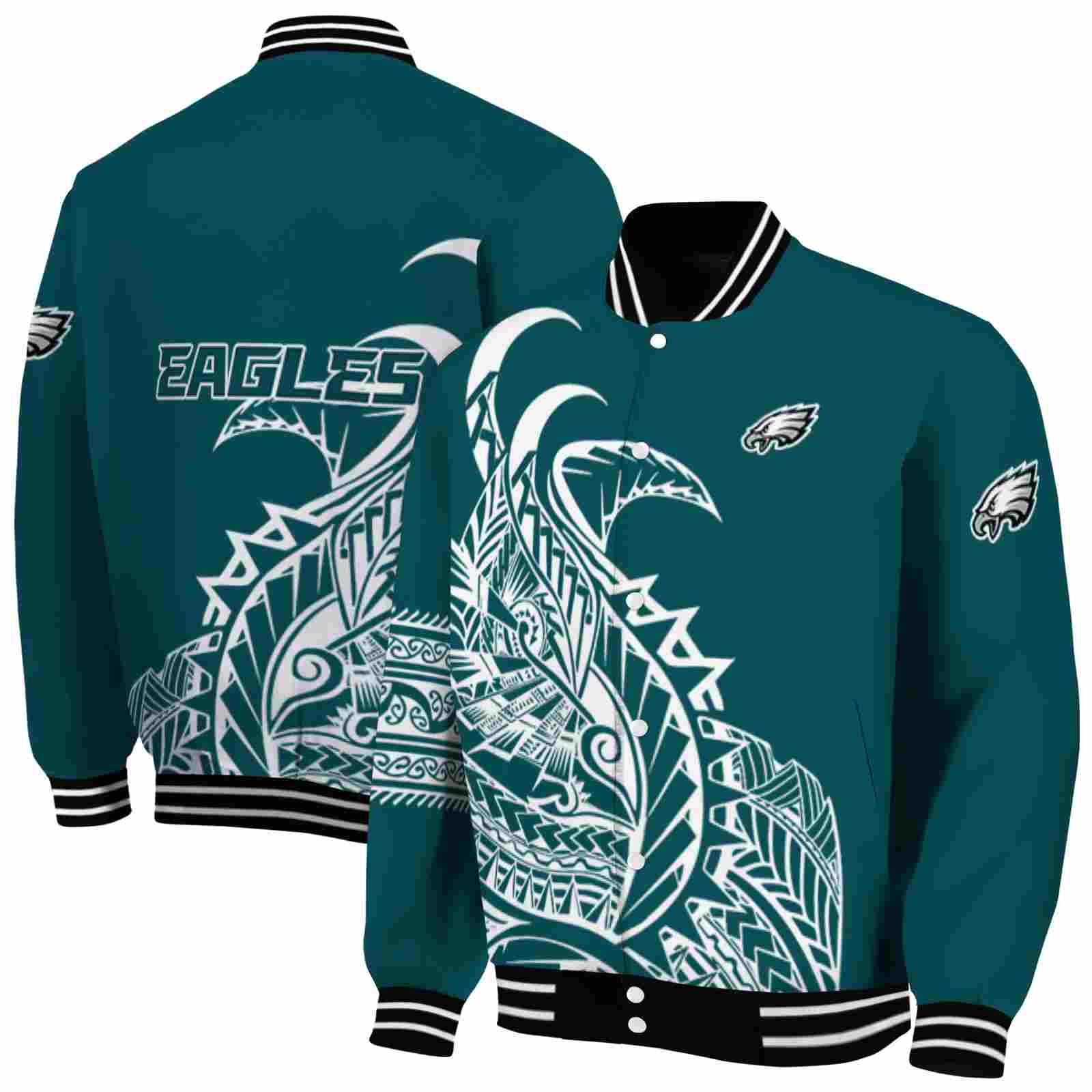 NFL Philadelphia Eagles Tribal Art Green White Black Custom Baseball Jacket Sport Fans Gear