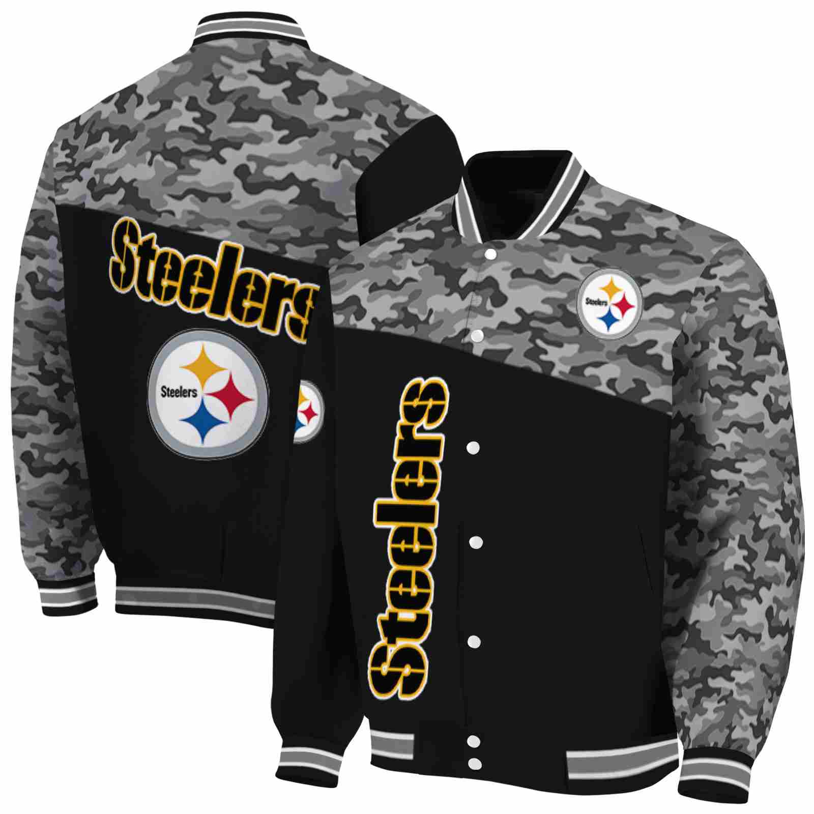NFL Pittsburgh Steelers Camo Patchwork Black Custom Baseball Jacket Sport Fans Gear