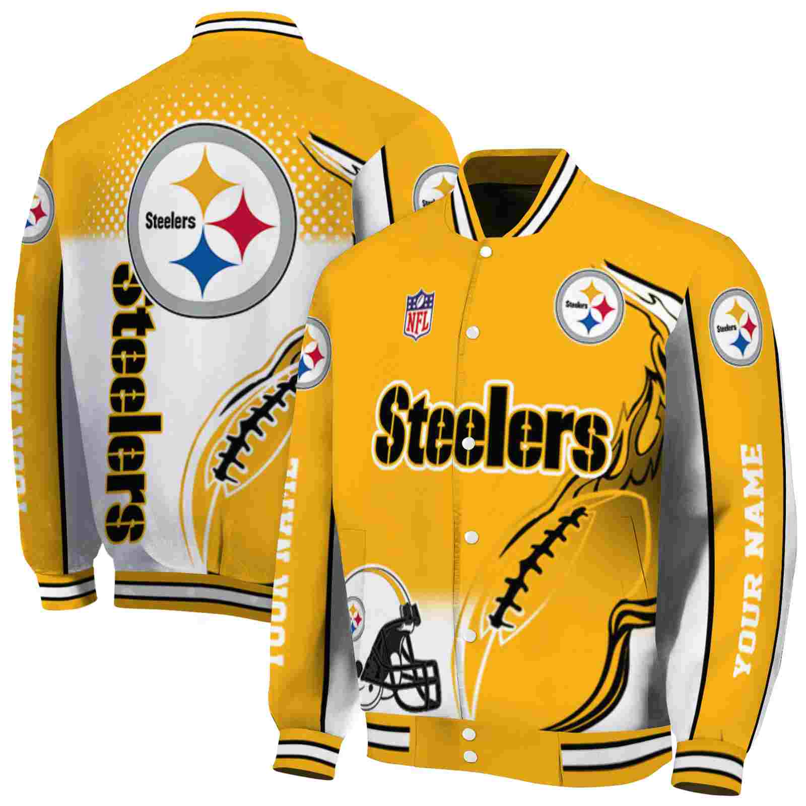 NFL Pittsburgh Steelers Flaming Football Gold White Custom Baseball Jacket Sport Fans Gear